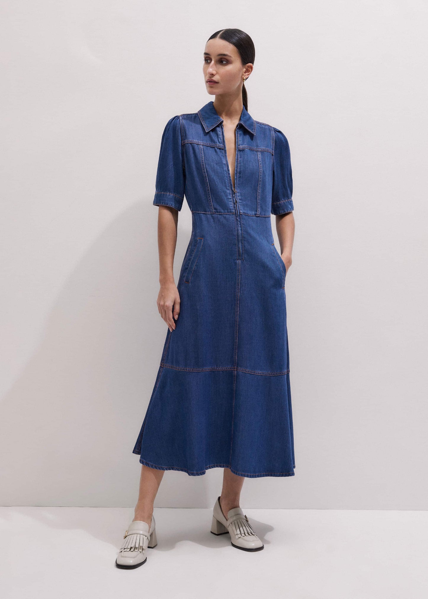 ME and EM Clothing Blue Fluid Fit + Flare Midi Dress + Belt