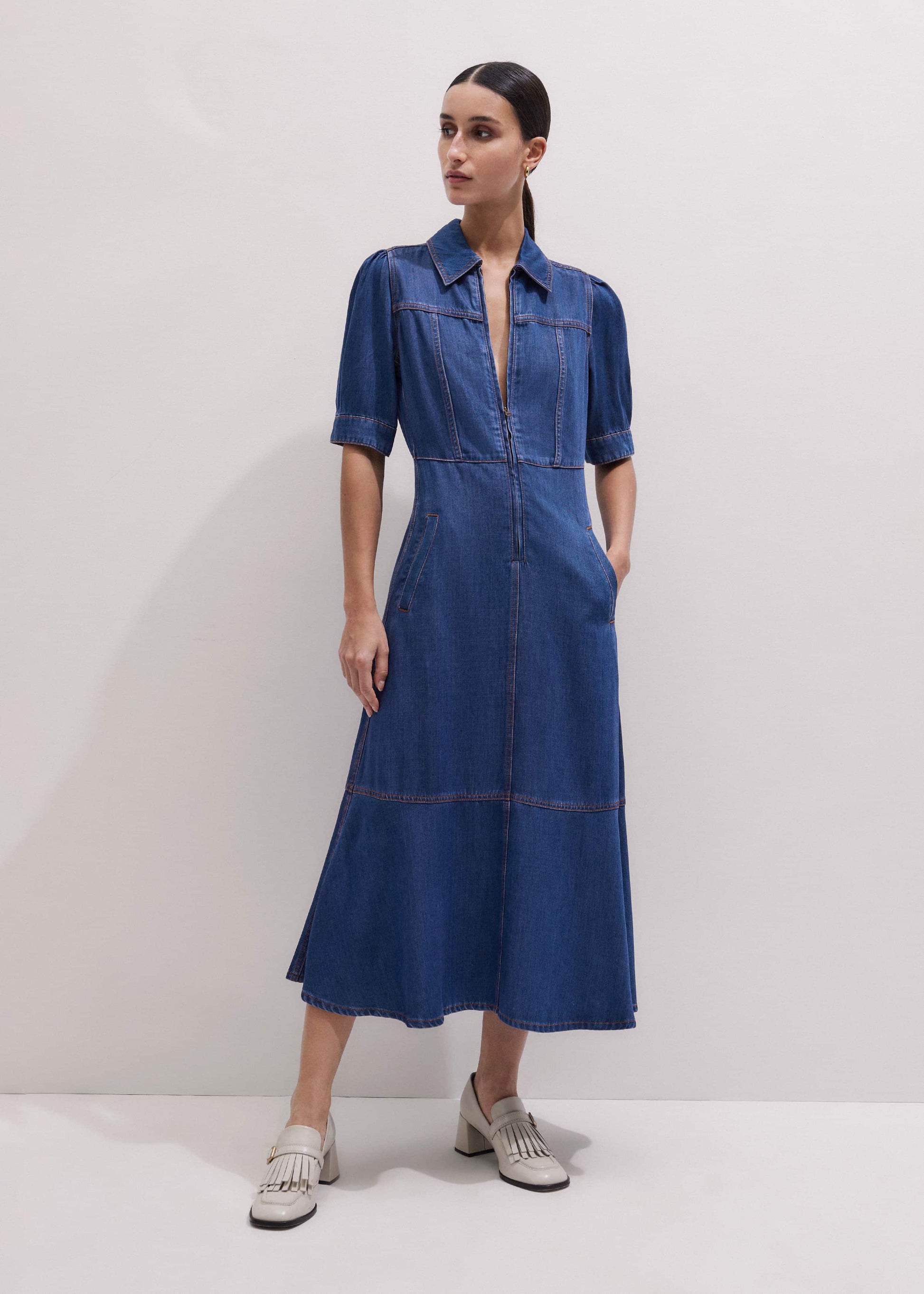 ME and EM Clothing Blue Fluid Fit + Flare Midi Dress + Belt