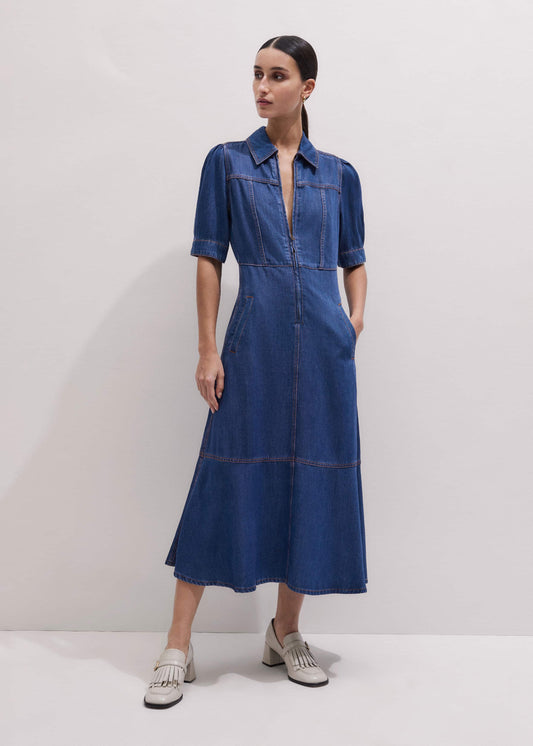 ME and EM Clothing Blue Fluid Fit + Flare Midi Dress + Belt