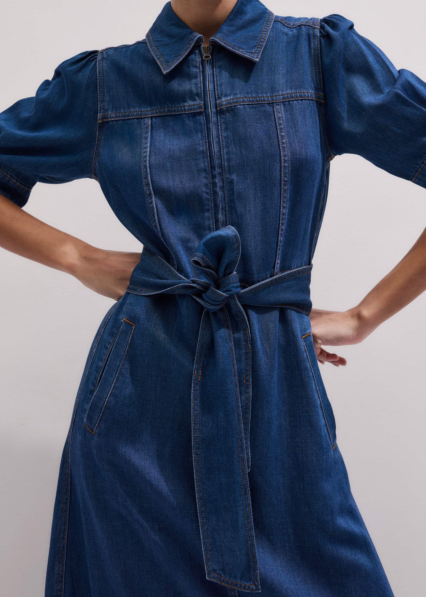 ME and EM Clothing Blue Fluid Fit + Flare Midi Dress + Belt
