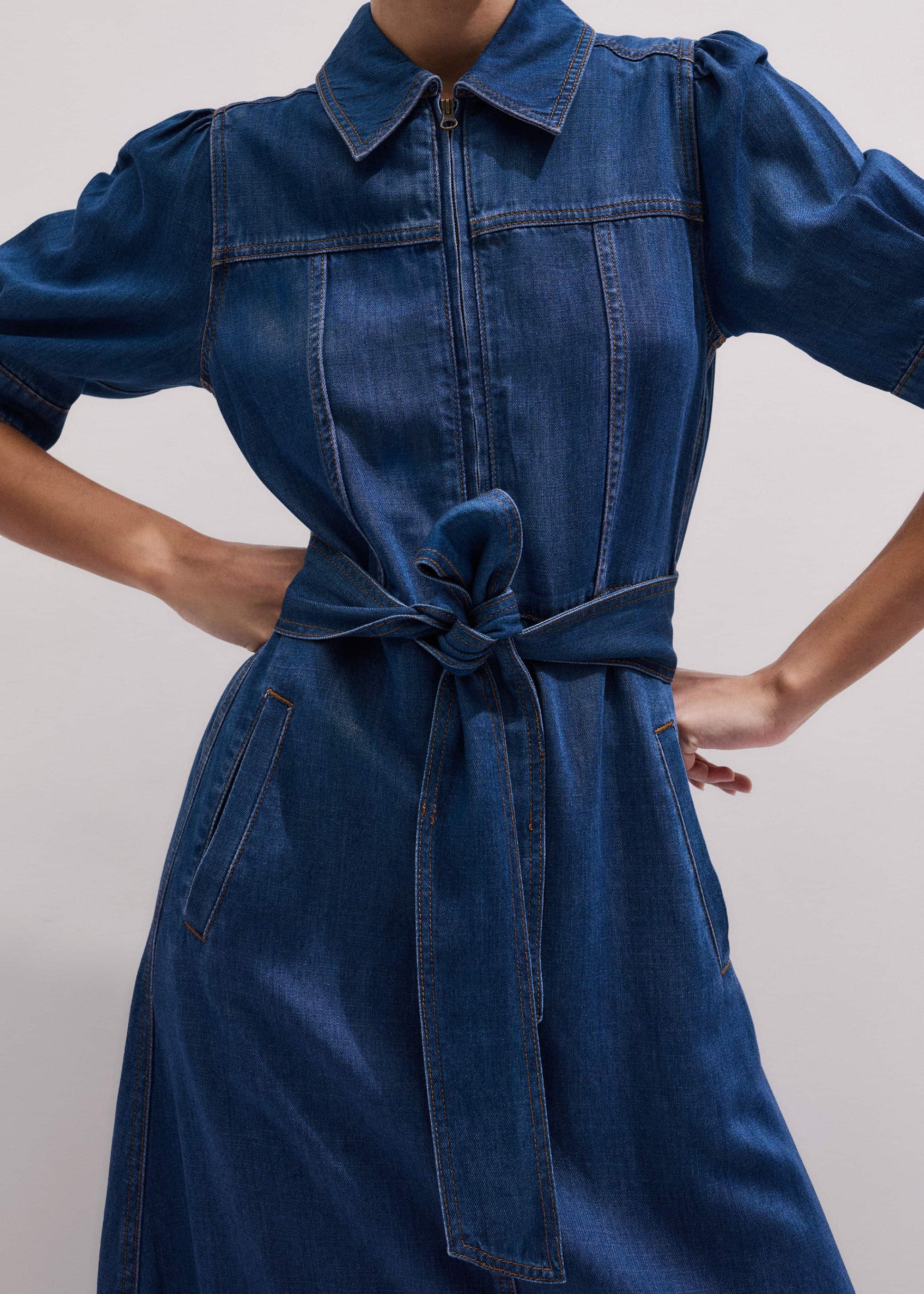 ME and EM Clothing Blue Fluid Fit + Flare Midi Dress + Belt