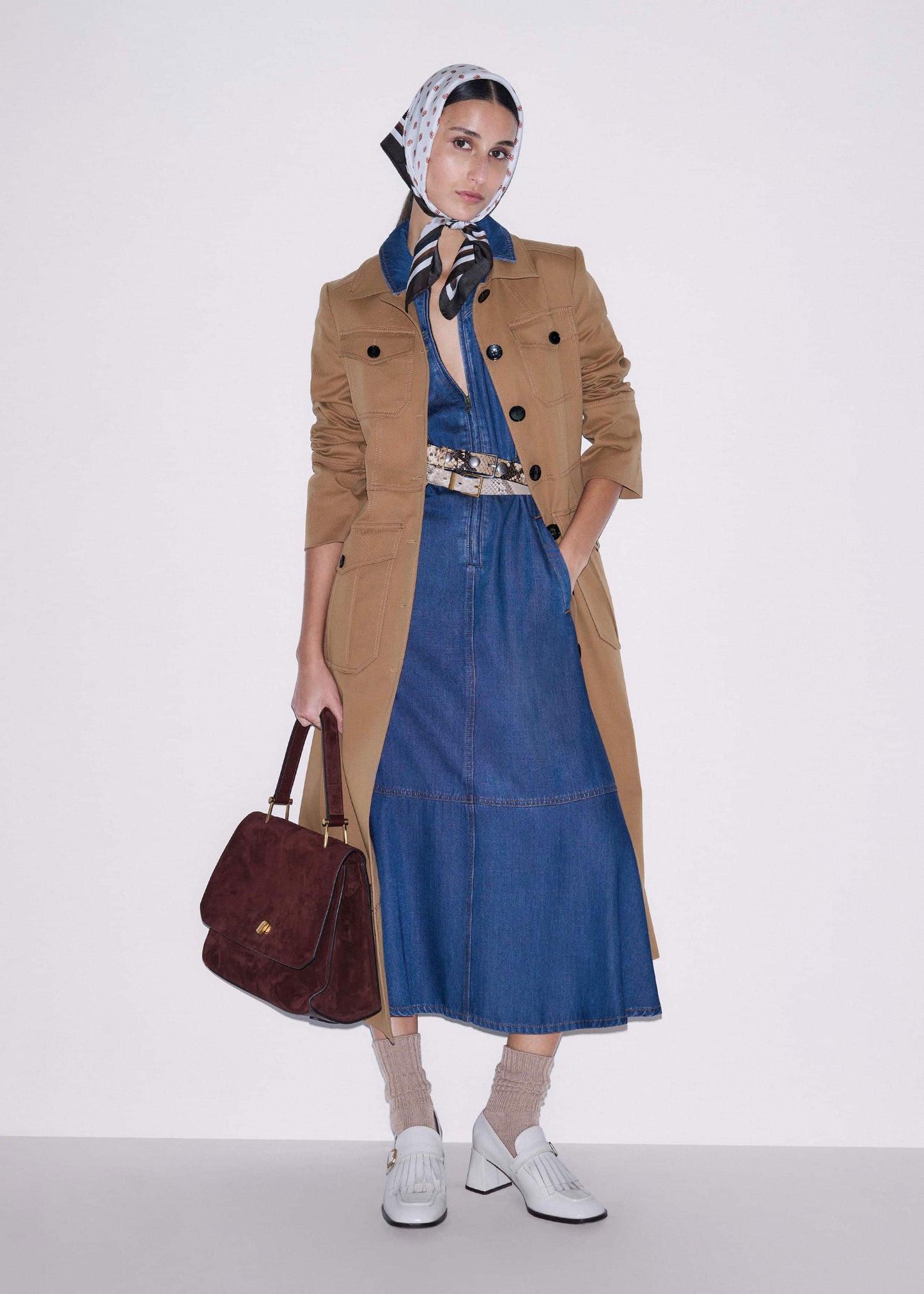 ME and EM Clothing Blue Fluid Fit + Flare Midi Dress + Belt