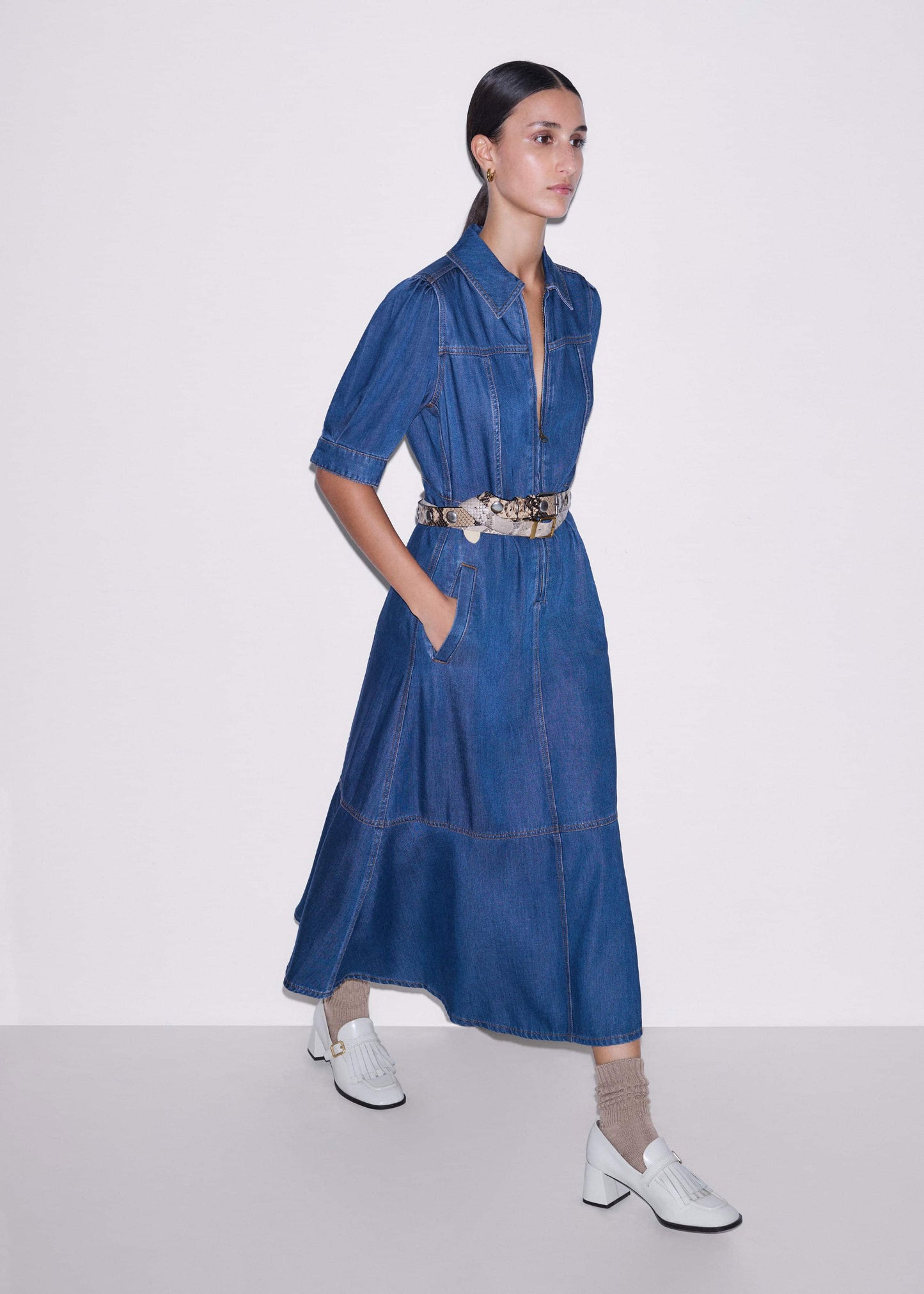 ME and EM Clothing Blue Fluid Fit + Flare Midi Dress + Belt
