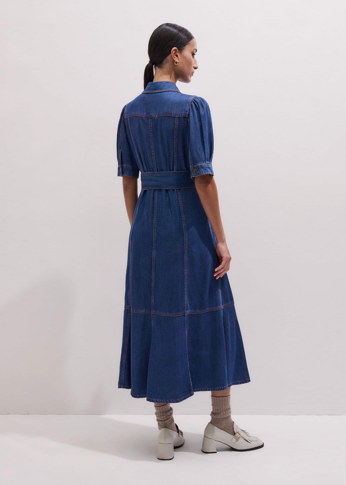 ME and EM Clothing Blue Fluid Fit + Flare Midi Dress + Belt