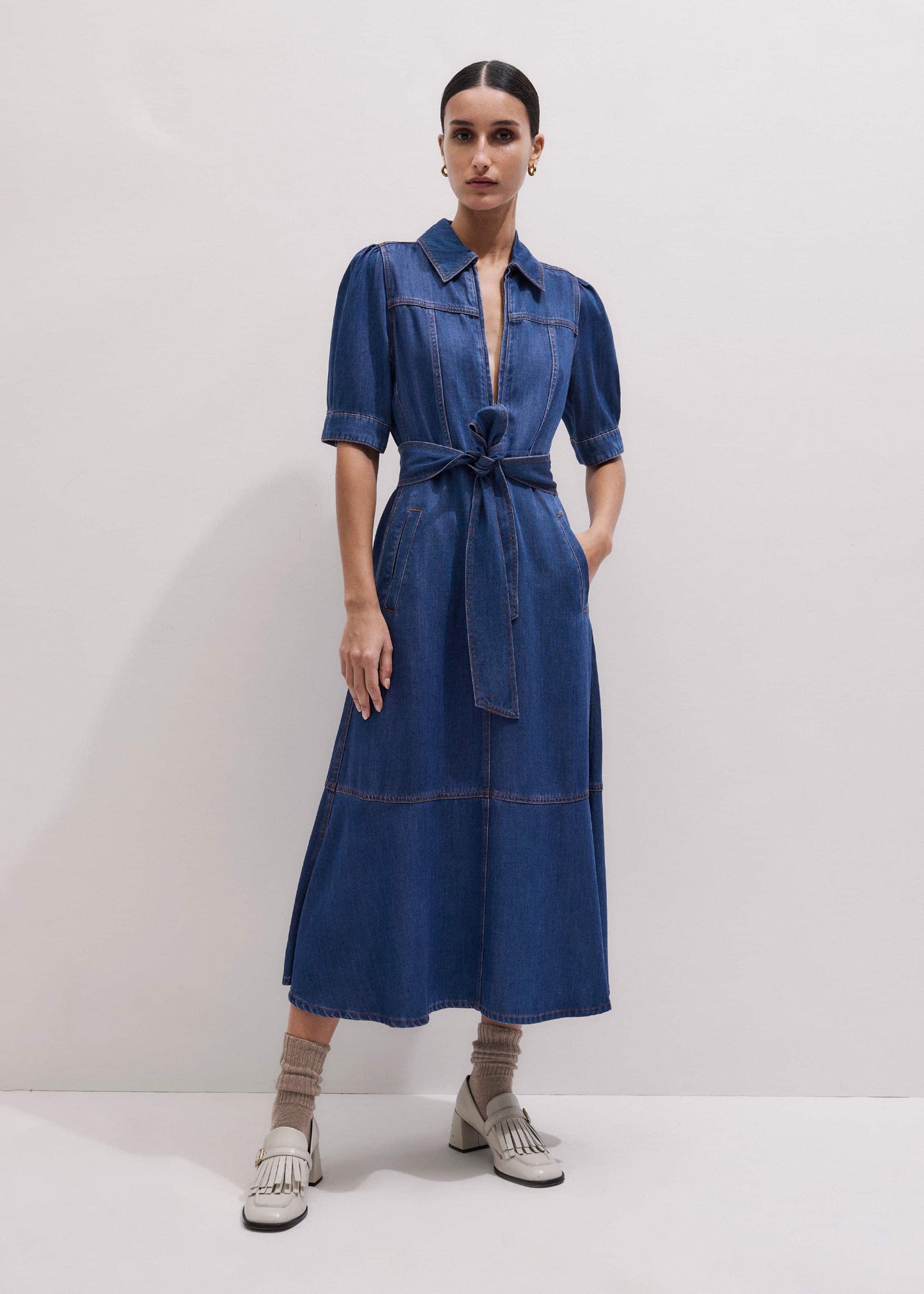 ME and EM Clothing Blue Fluid Fit + Flare Midi Dress + Belt