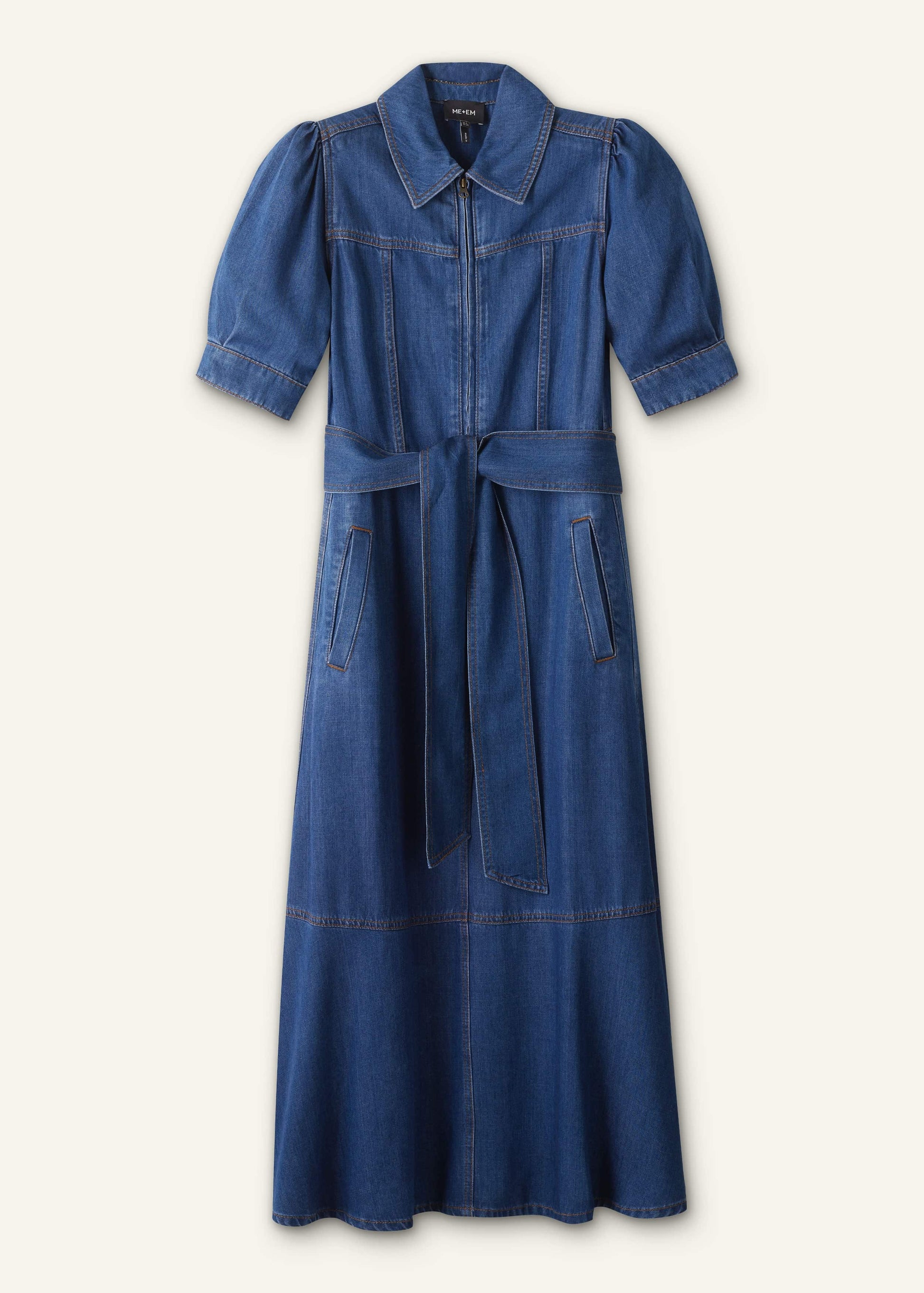 ME and EM Clothing Blue Fluid Fit + Flare Midi Dress + Belt