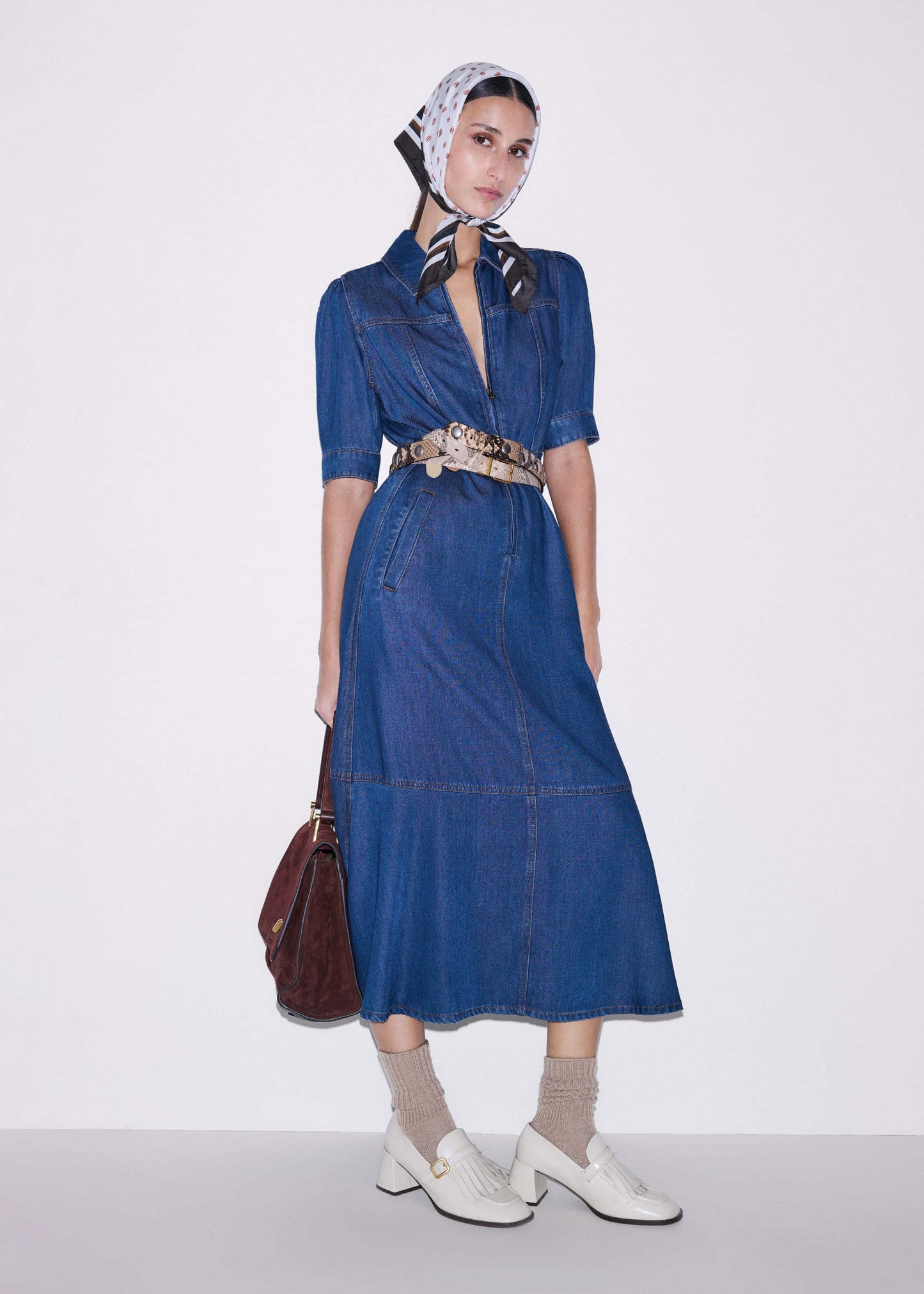 ME and EM Clothing Blue Fluid Fit + Flare Midi Dress + Belt