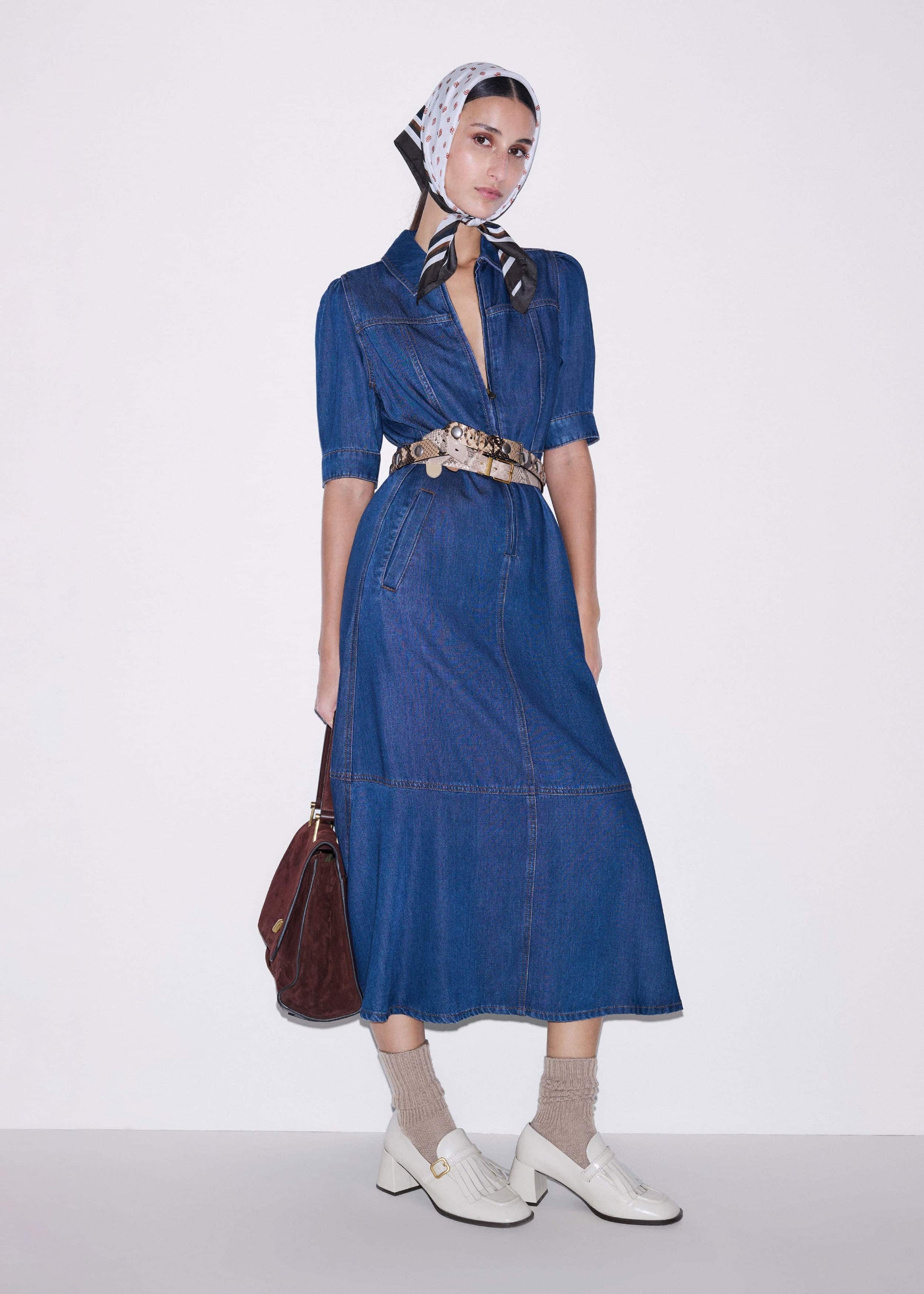 ME and EM Clothing Blue Fluid Fit + Flare Midi Dress + Belt