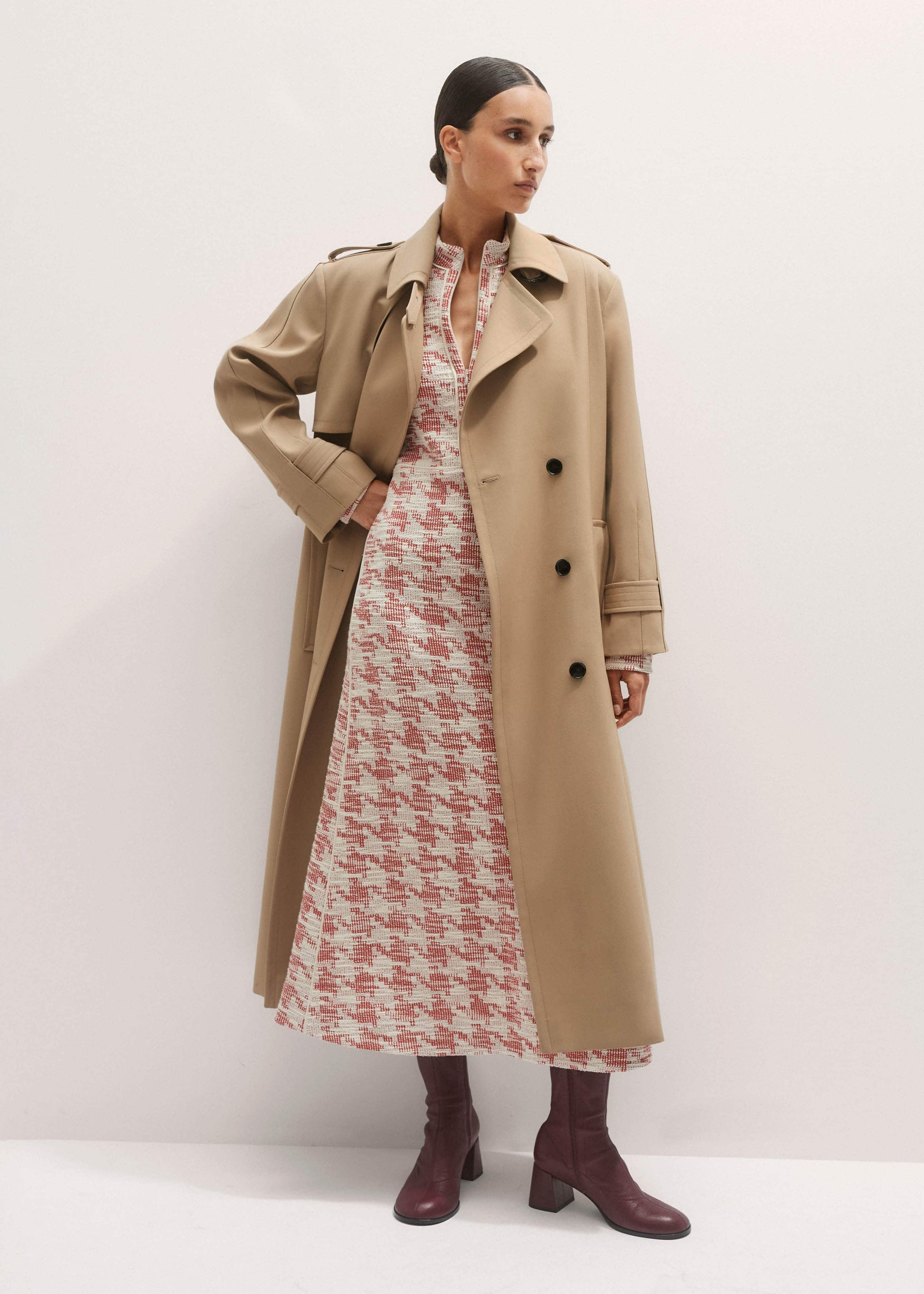 ME and EM Clothing Red Exaggerated Houndstooth Midi Dress