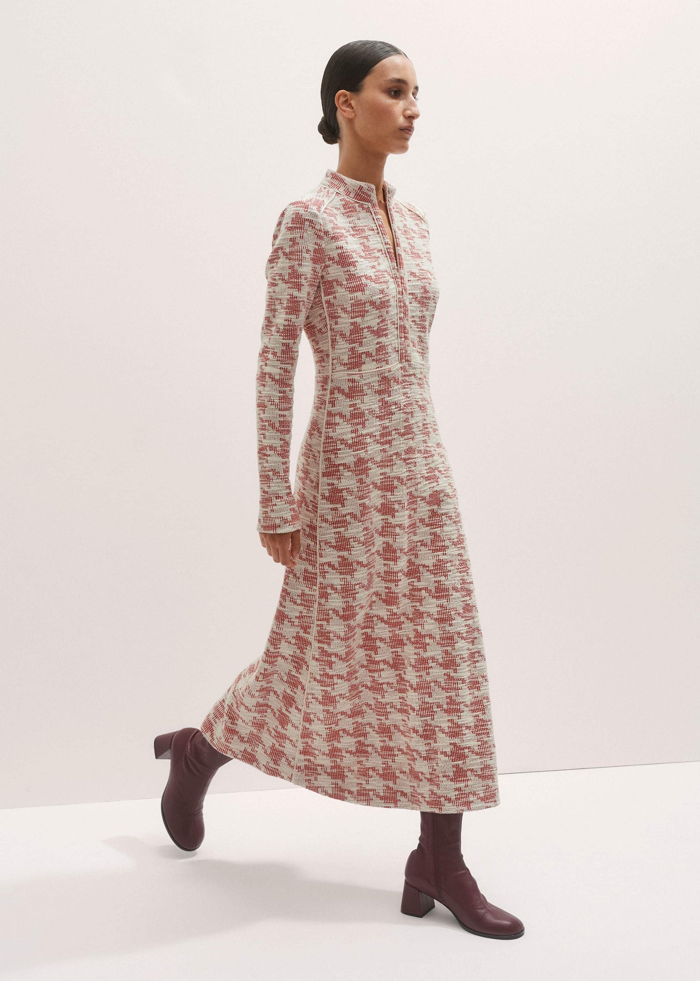 ME and EM Clothing Red Exaggerated Houndstooth Midi Dress