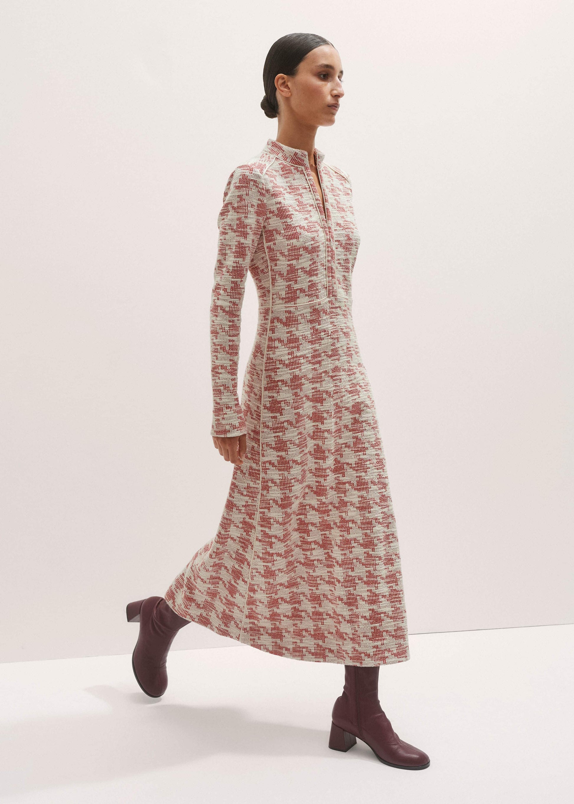 ME and EM Clothing Red Exaggerated Houndstooth Midi Dress