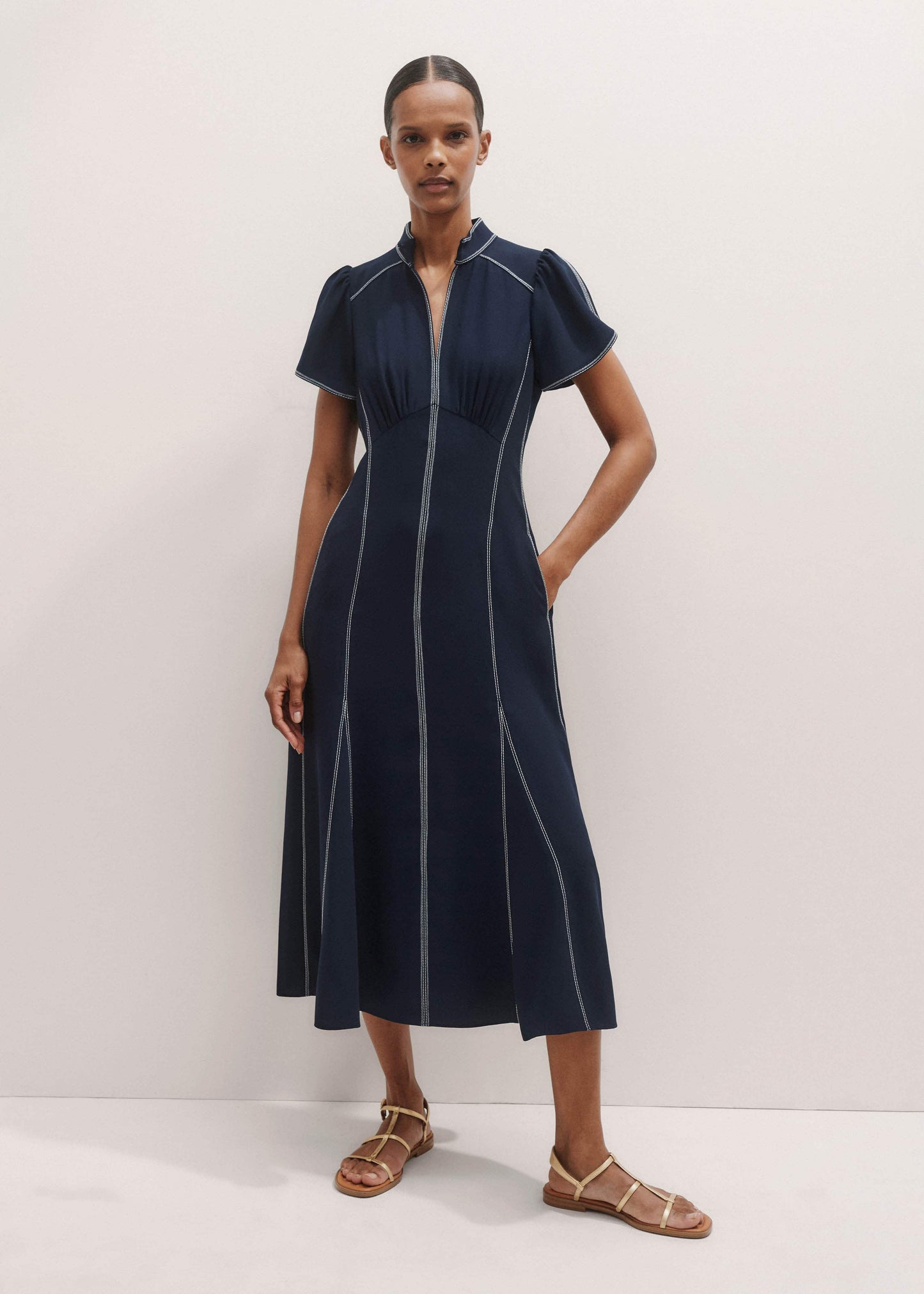 ME and EM Clothing Navy Contrast Stitch Midi Dress