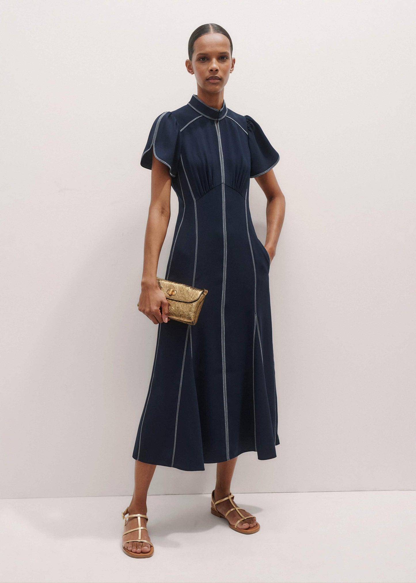 ME and EM Clothing Navy Contrast Stitch Midi Dress