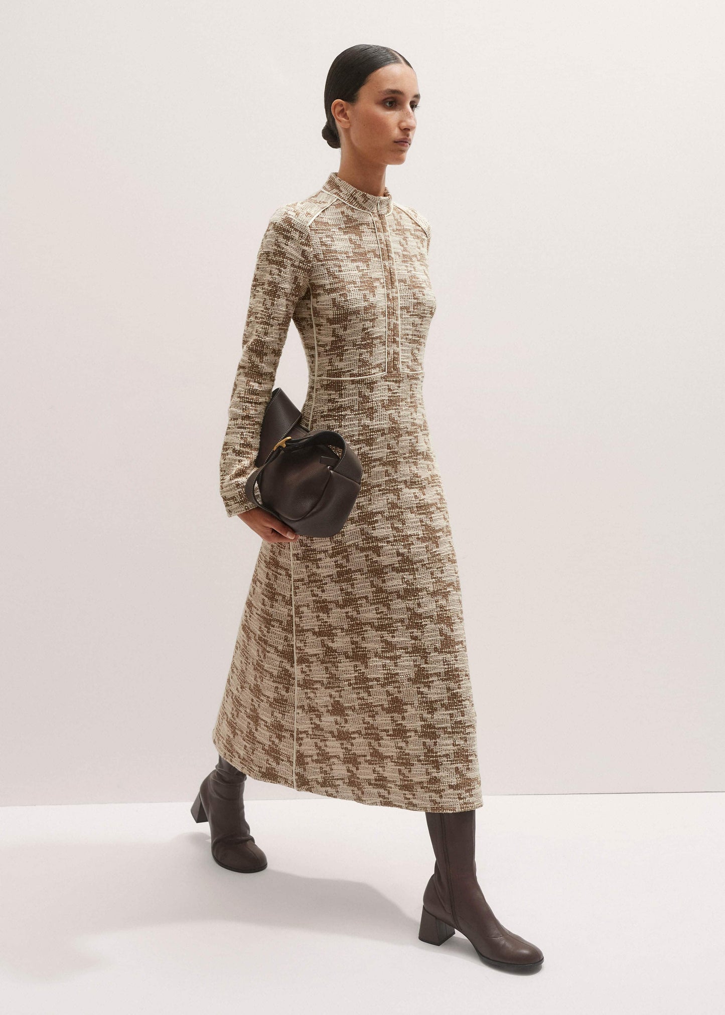 ME and EM Clothing Brown Exaggerated Houndstooth Midi Dress