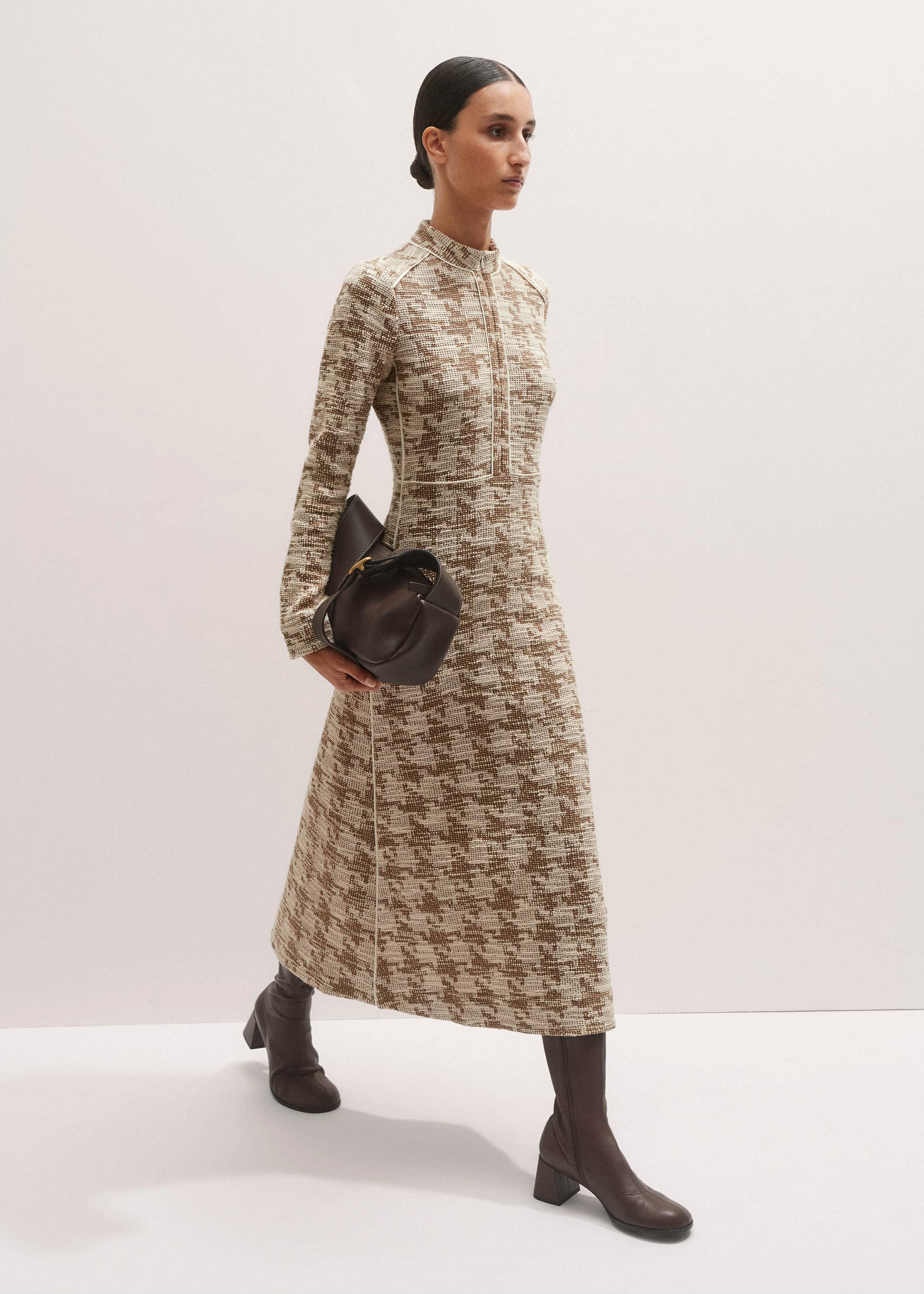 ME and EM Clothing Brown Exaggerated Houndstooth Midi Dress
