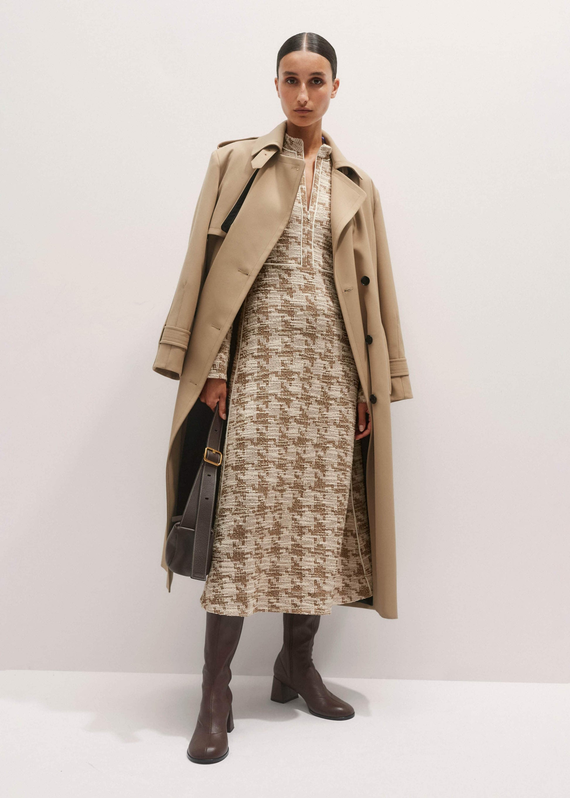 ME and EM Clothing Brown Exaggerated Houndstooth Midi Dress