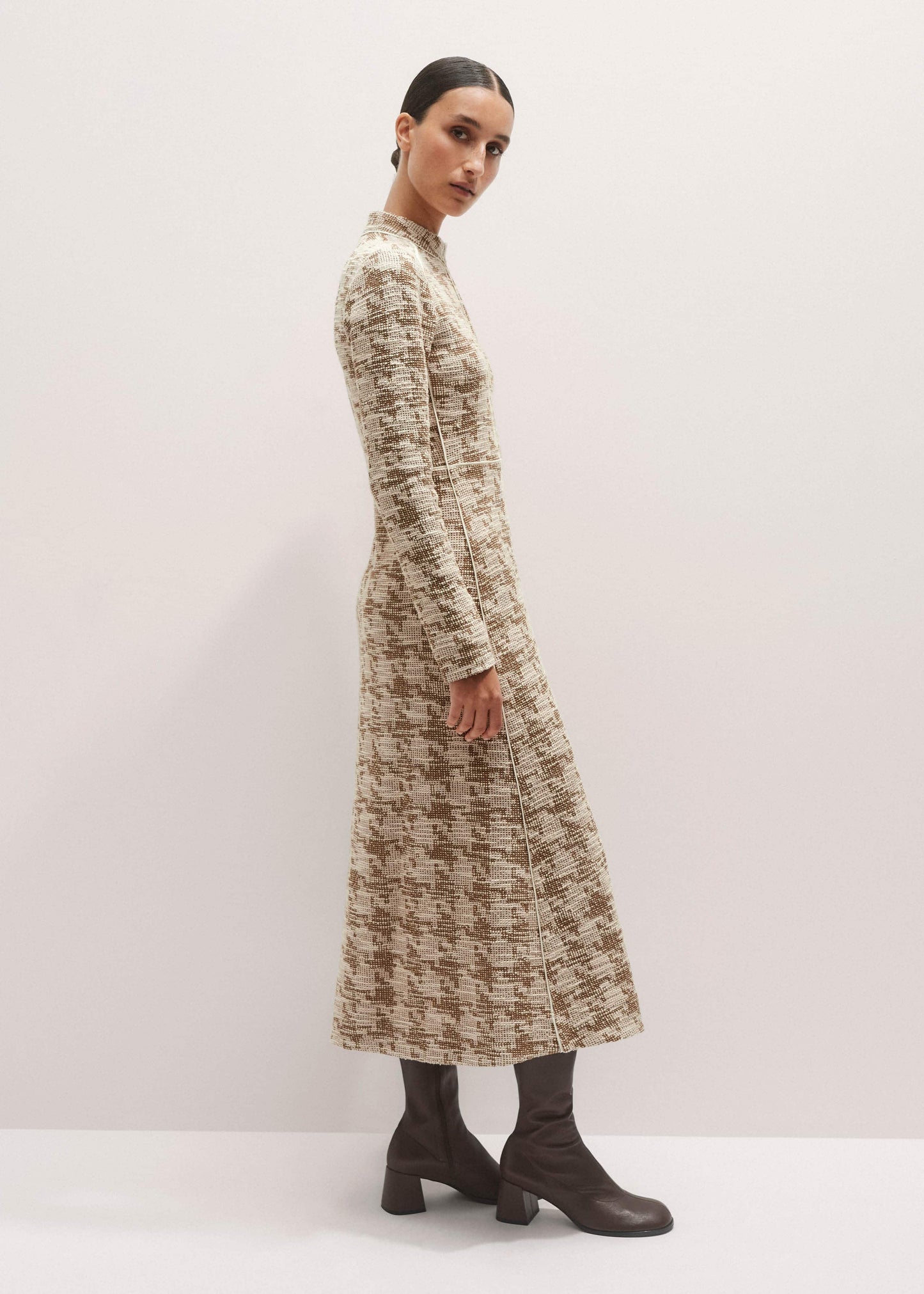 ME and EM Clothing Brown Exaggerated Houndstooth Midi Dress