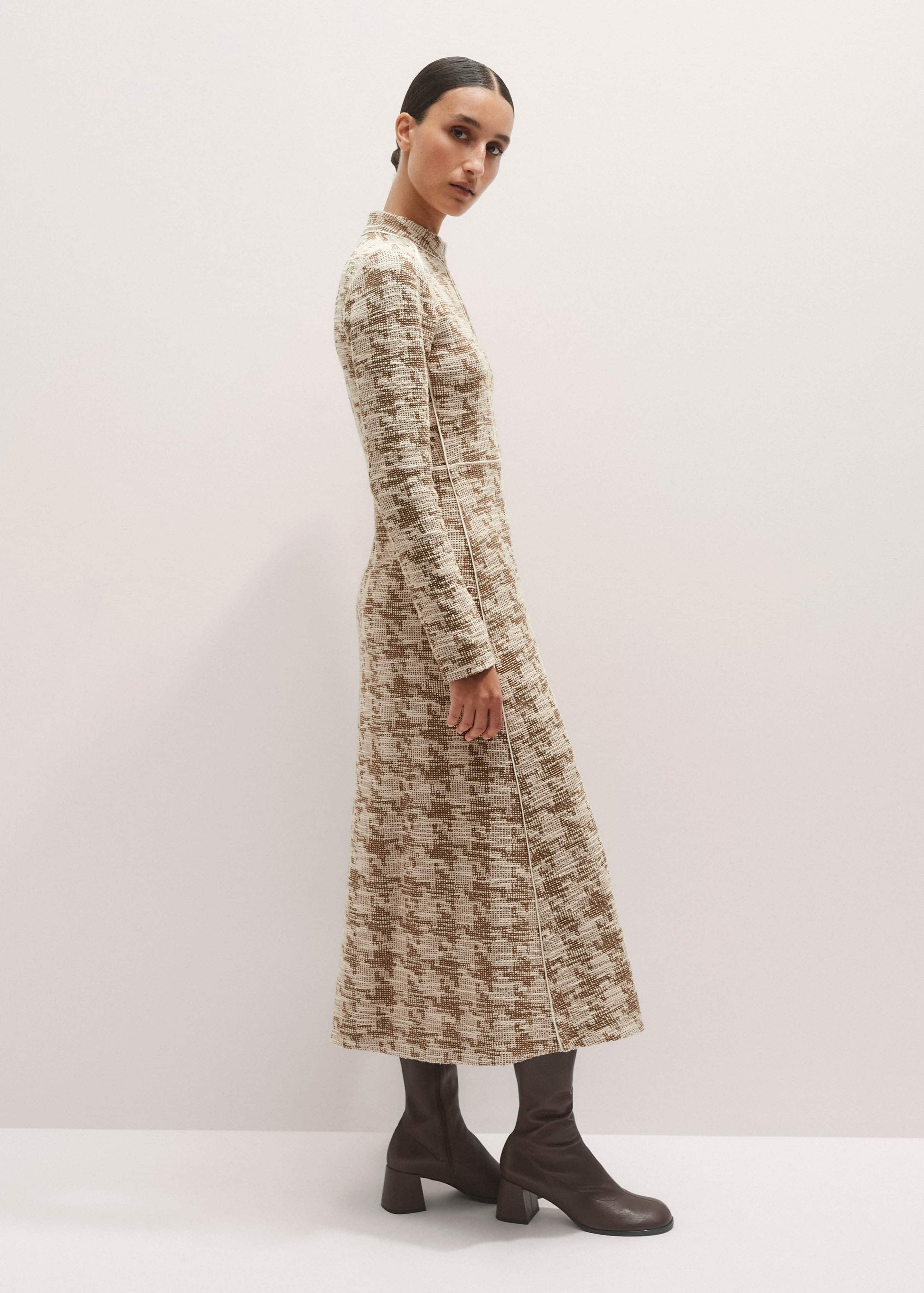 ME and EM Clothing Brown Exaggerated Houndstooth Midi Dress