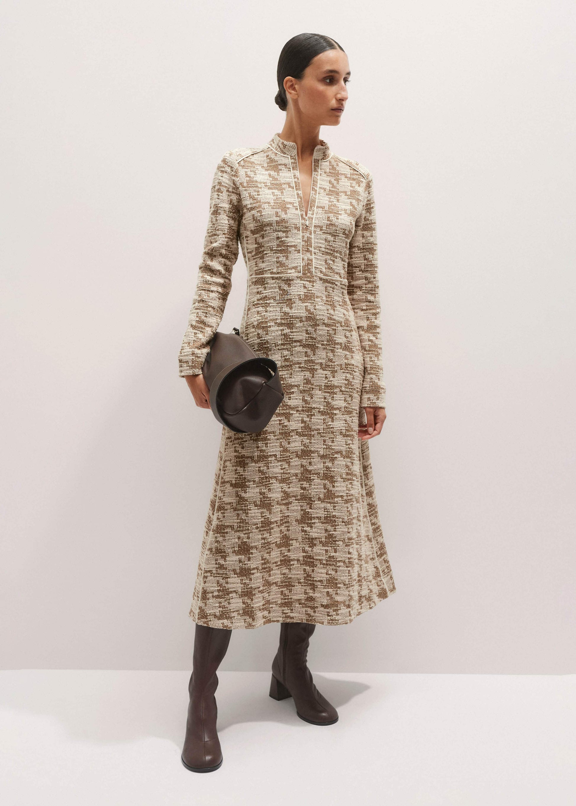 ME and EM Clothing Brown Exaggerated Houndstooth Midi Dress