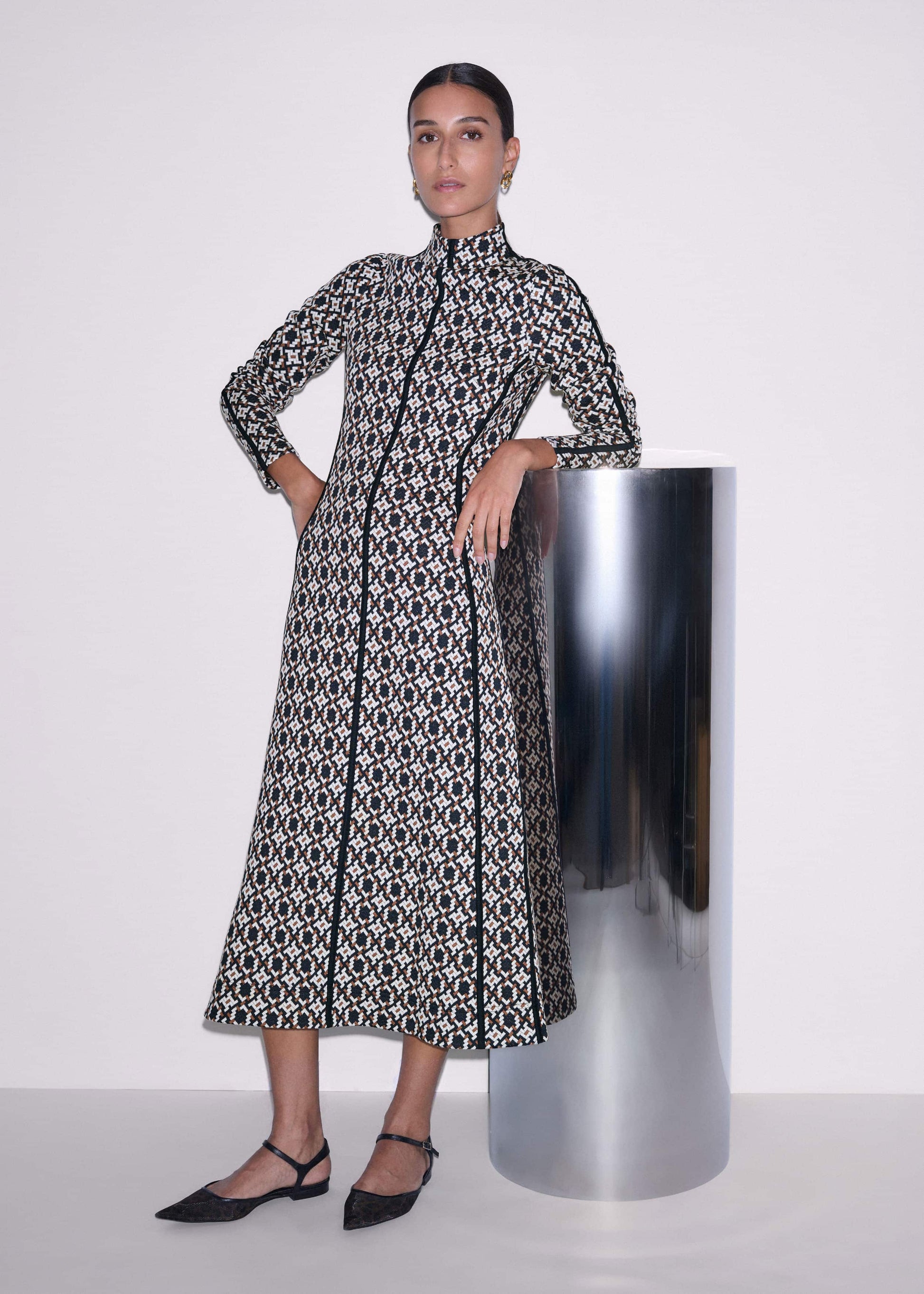 ME and EM Clothing Navy Graphic Jacquard Fit and Flare Midi Dress