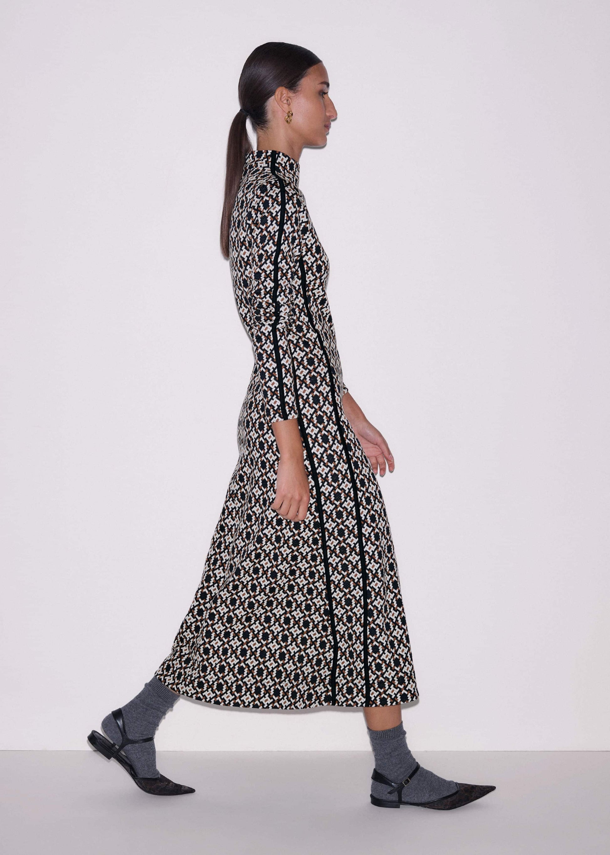 ME and EM Clothing Navy Graphic Jacquard Fit and Flare Midi Dress