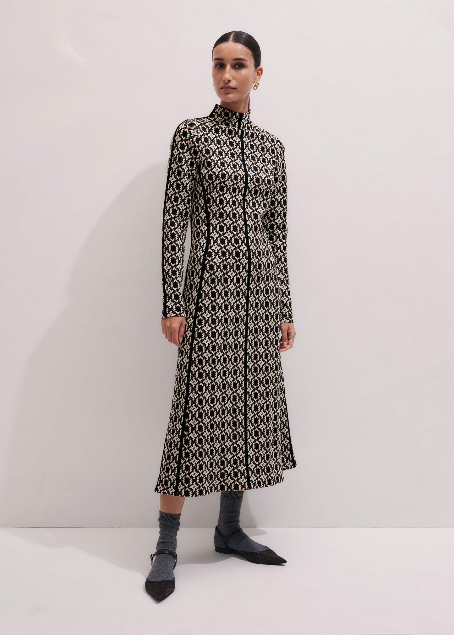ME and EM Clothing Navy Graphic Jacquard Fit and Flare Midi Dress