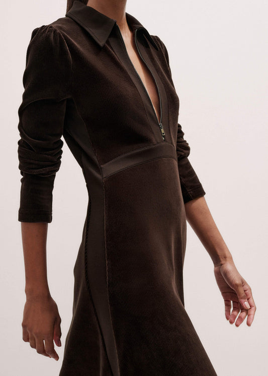 ME and EM Clothing Brown Ponte Collared Cord Velour AM-PM Midi Dress