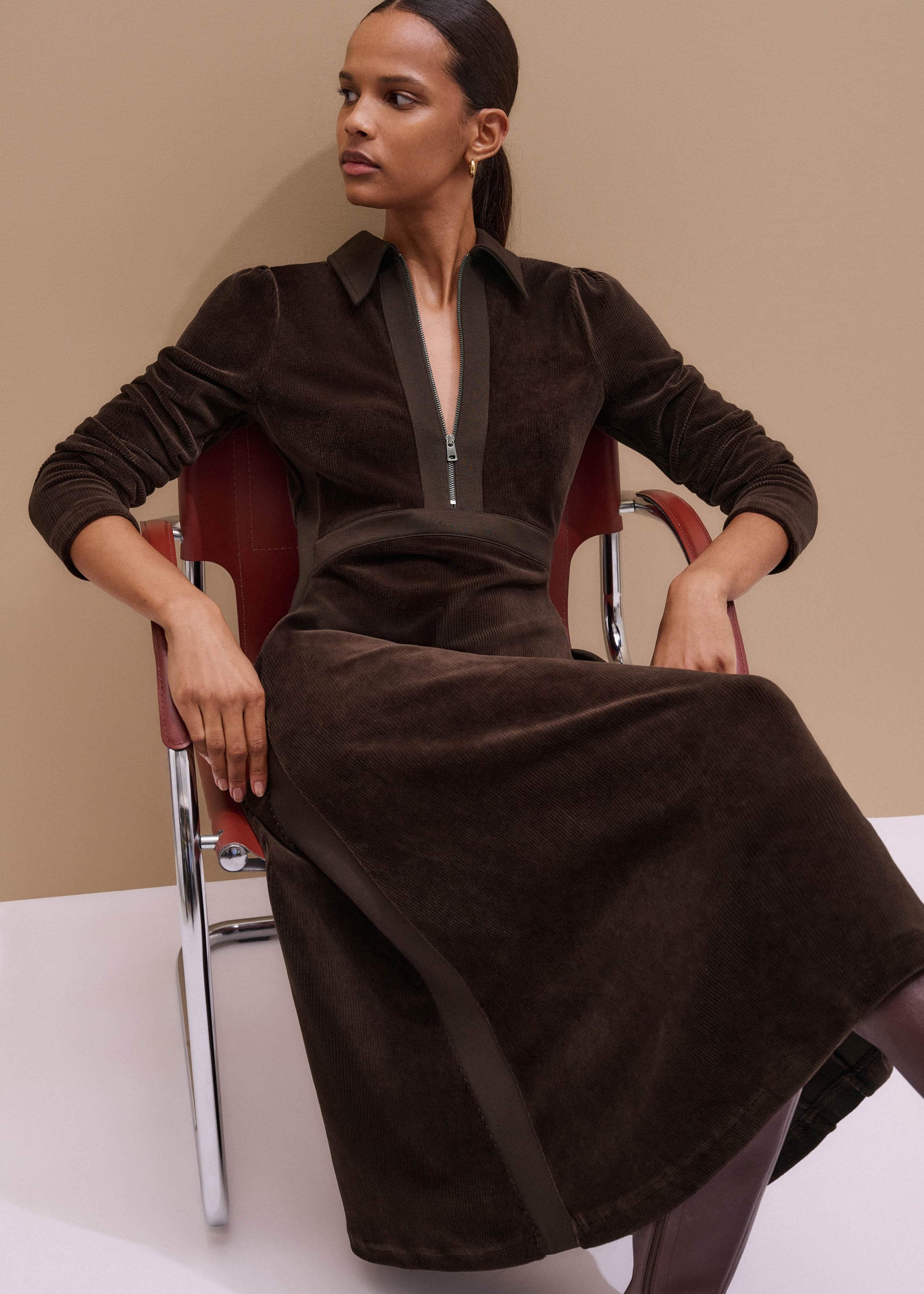 ME and EM Clothing Brown Ponte Collared Cord Velour AM-PM Midi Dress