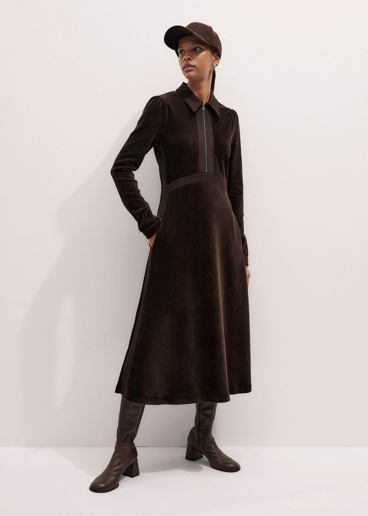 ME and EM Clothing Brown Ponte Collared Cord Velour AM-PM Midi Dress