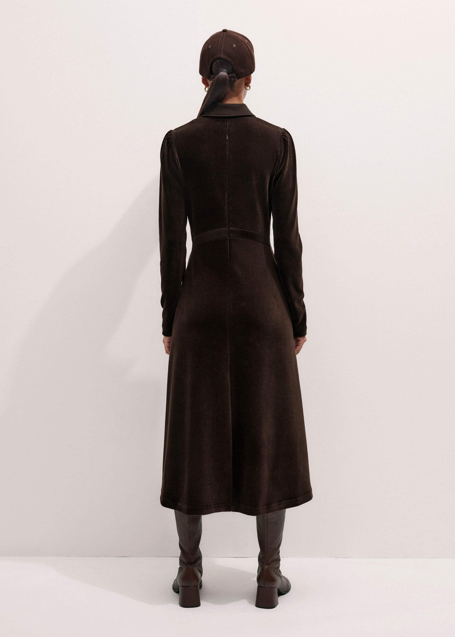 ME and EM Clothing Brown Ponte Collared Cord Velour AM-PM Midi Dress