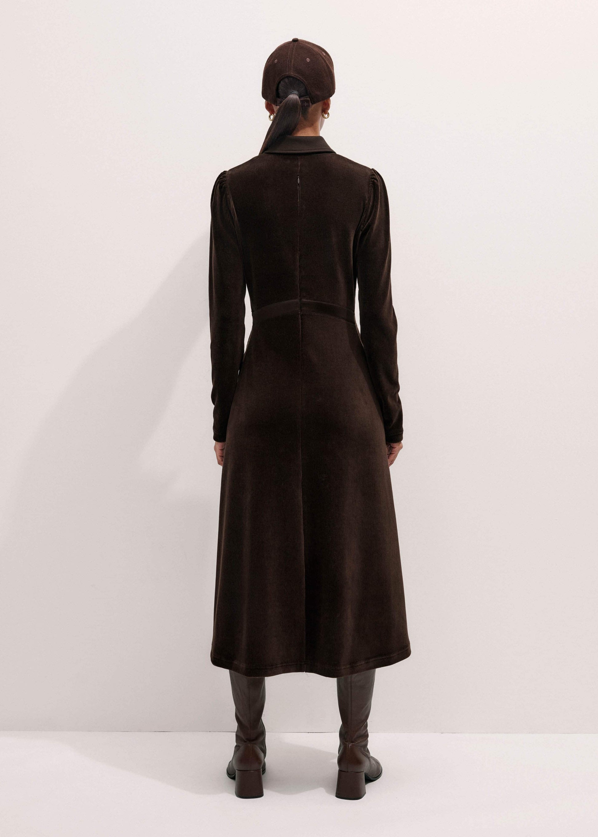 ME and EM Clothing Brown Ponte Collared Cord Velour AM-PM Midi Dress