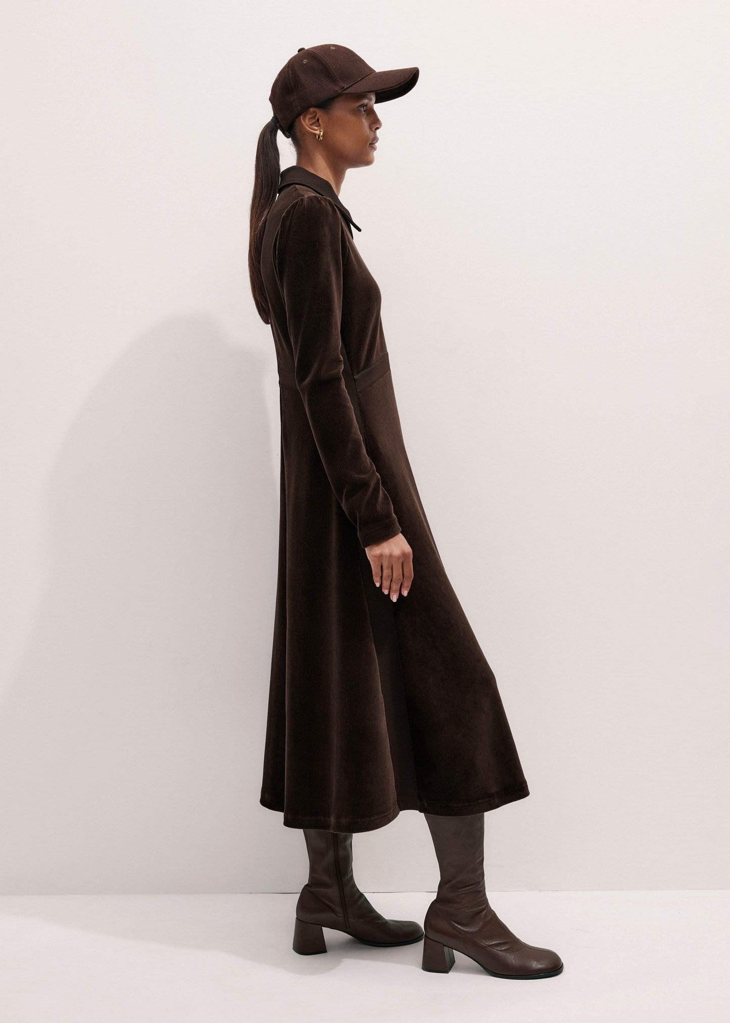 ME and EM Clothing Brown Ponte Collared Cord Velour AM-PM Midi Dress