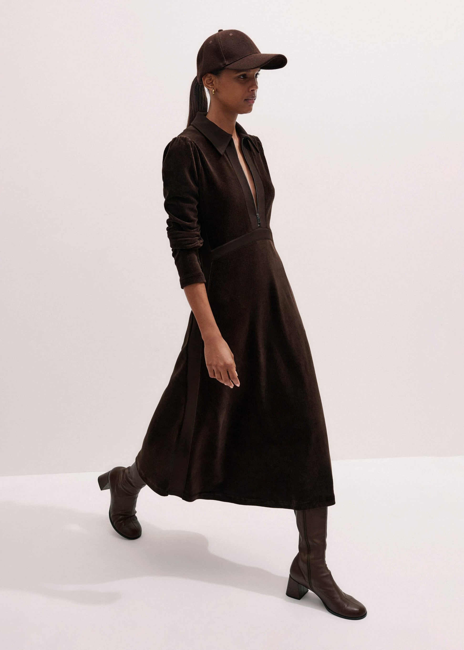 ME and EM Clothing Brown Ponte Collared Cord Velour AM-PM Midi Dress