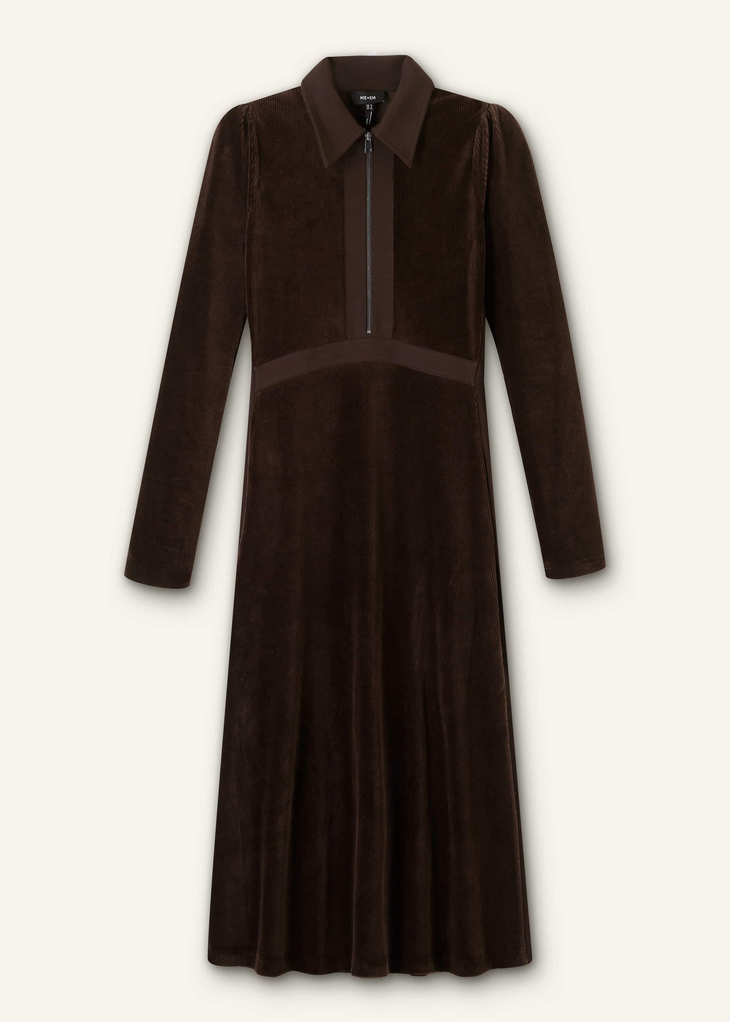 ME and EM Clothing Brown Ponte Collared Cord Velour AM-PM Midi Dress