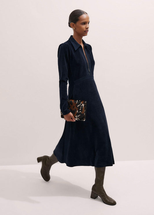 ME and EM Clothing Navy Ponte Collared Cord Velour AM-PM Midi Dress