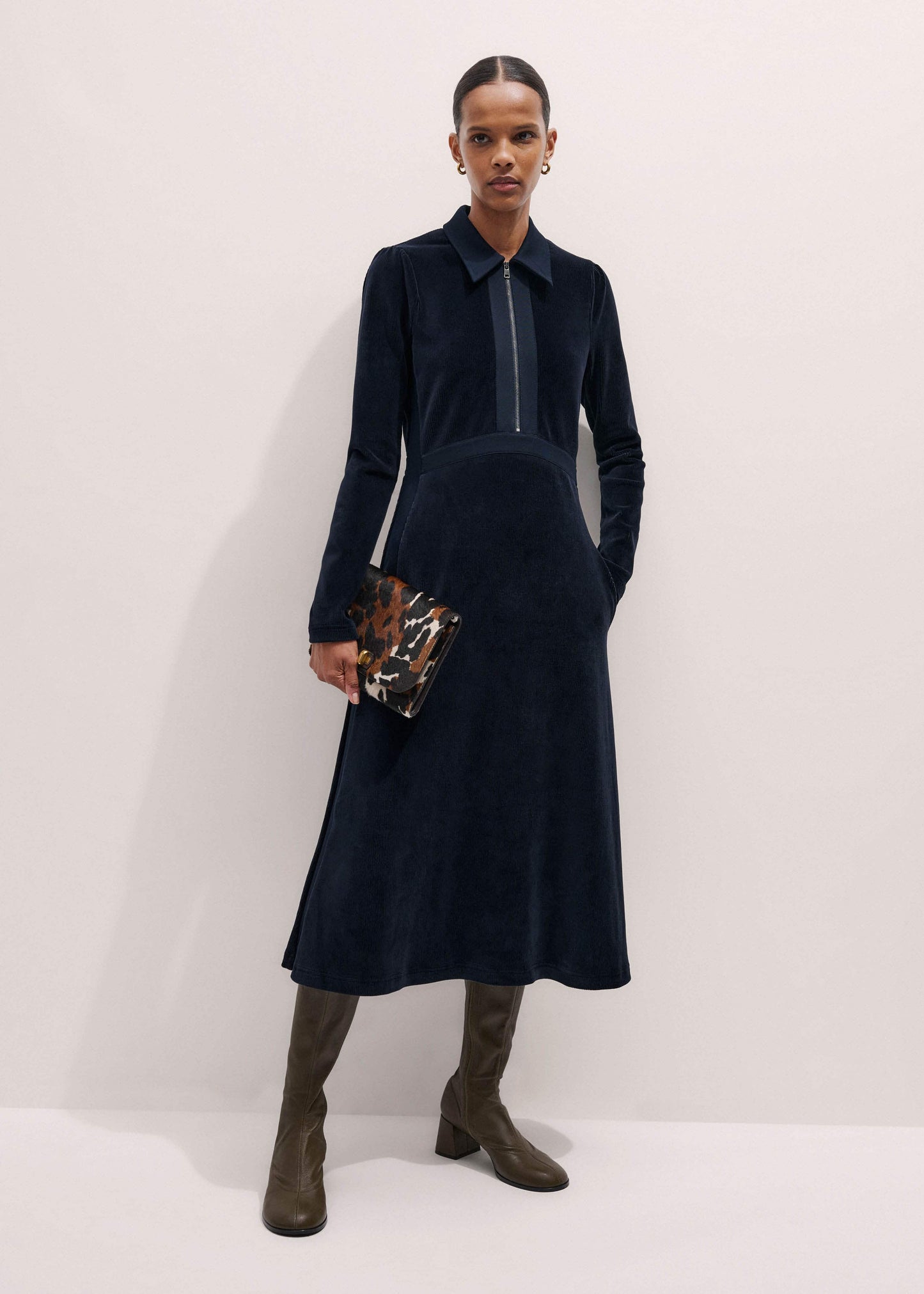 ME and EM Clothing Navy Ponte Collared Cord Velour AM-PM Midi Dress