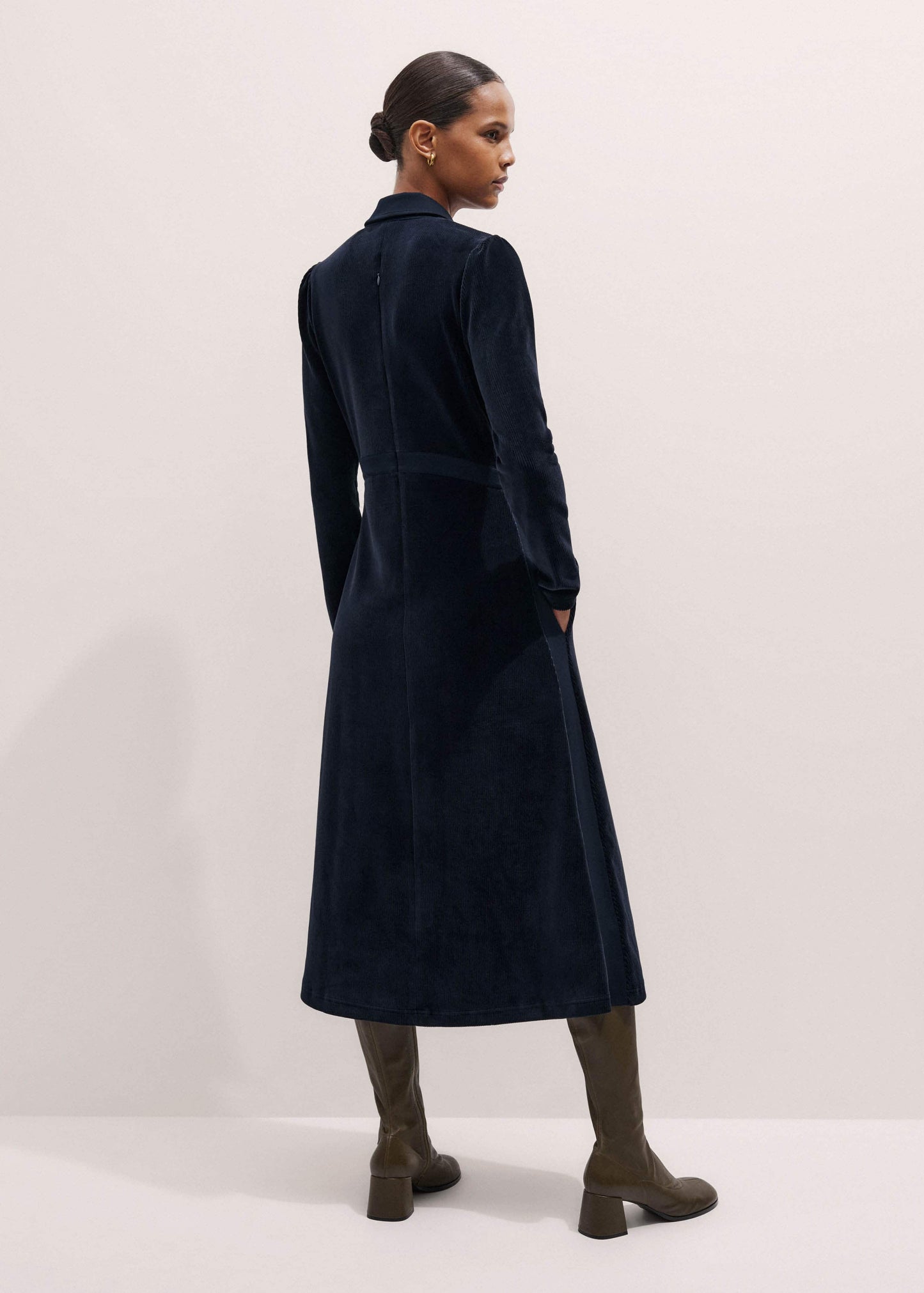 ME and EM Clothing Navy Ponte Collared Cord Velour AM-PM Midi Dress