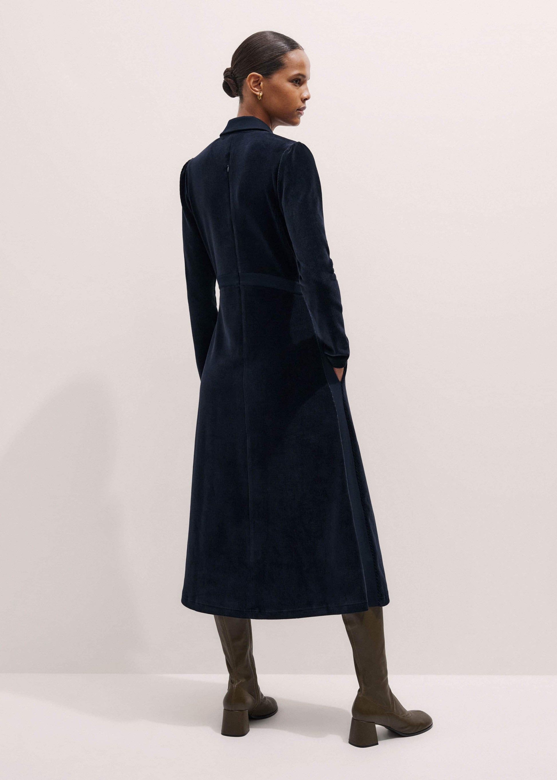 ME and EM Clothing Navy Ponte Collared Cord Velour AM-PM Midi Dress