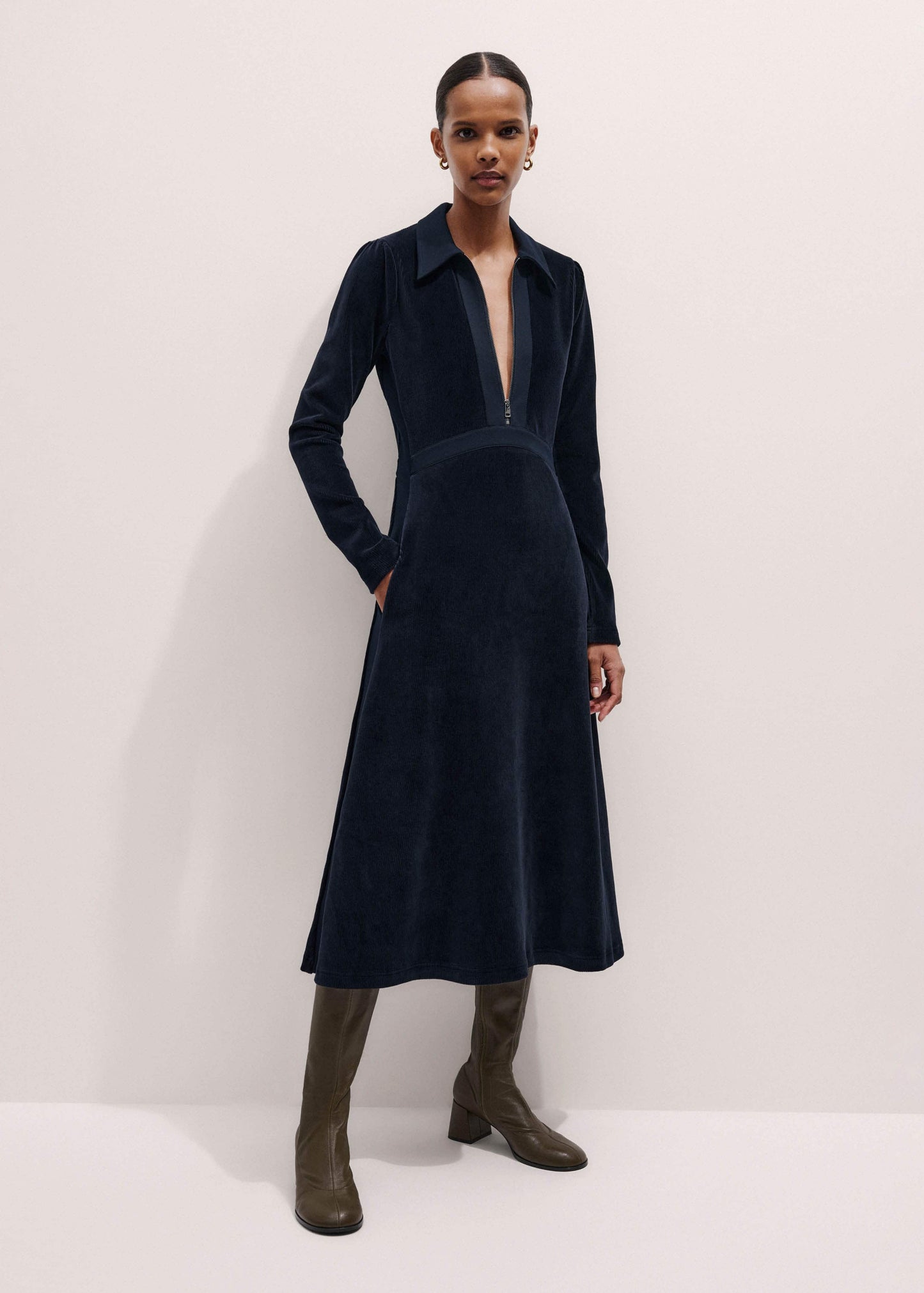 ME and EM Clothing Navy Ponte Collared Cord Velour AM-PM Midi Dress