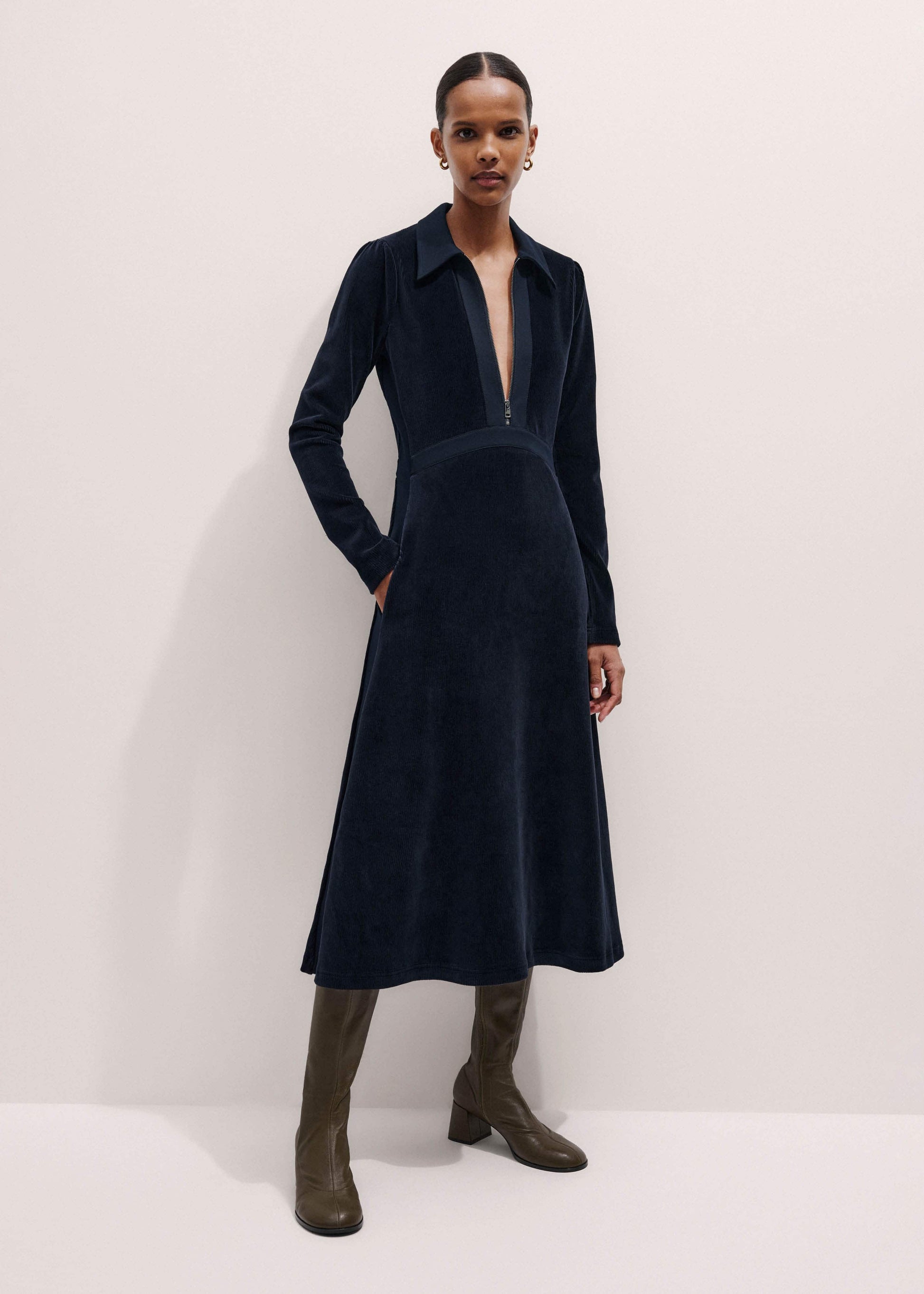 ME and EM Clothing Navy Ponte Collared Cord Velour AM-PM Midi Dress