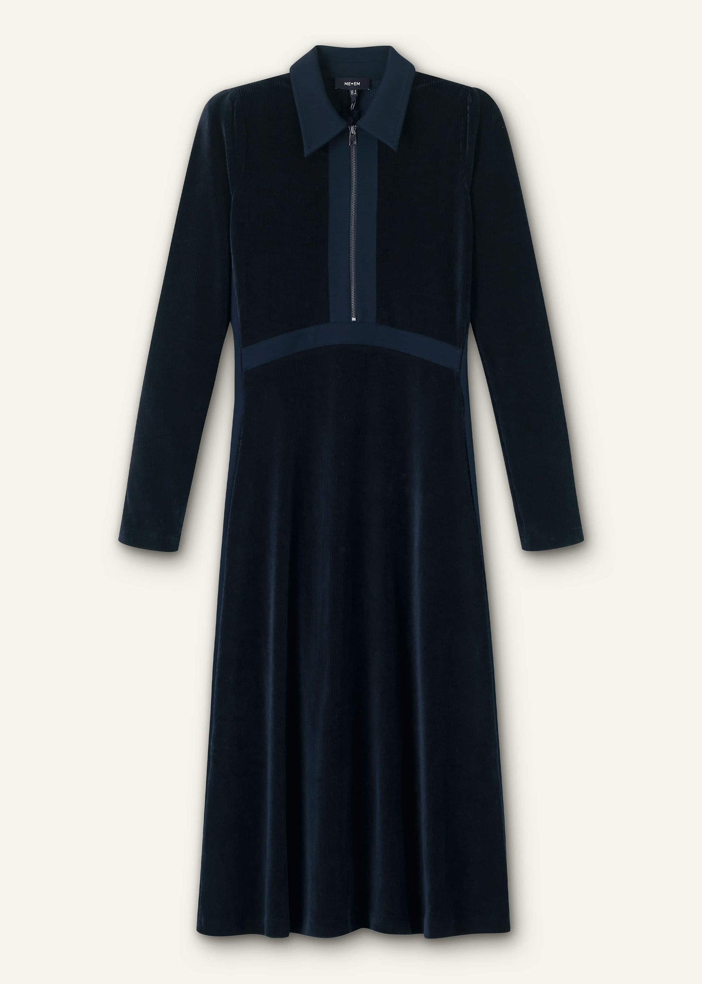 ME and EM Clothing Navy Ponte Collared Cord Velour AM-PM Midi Dress