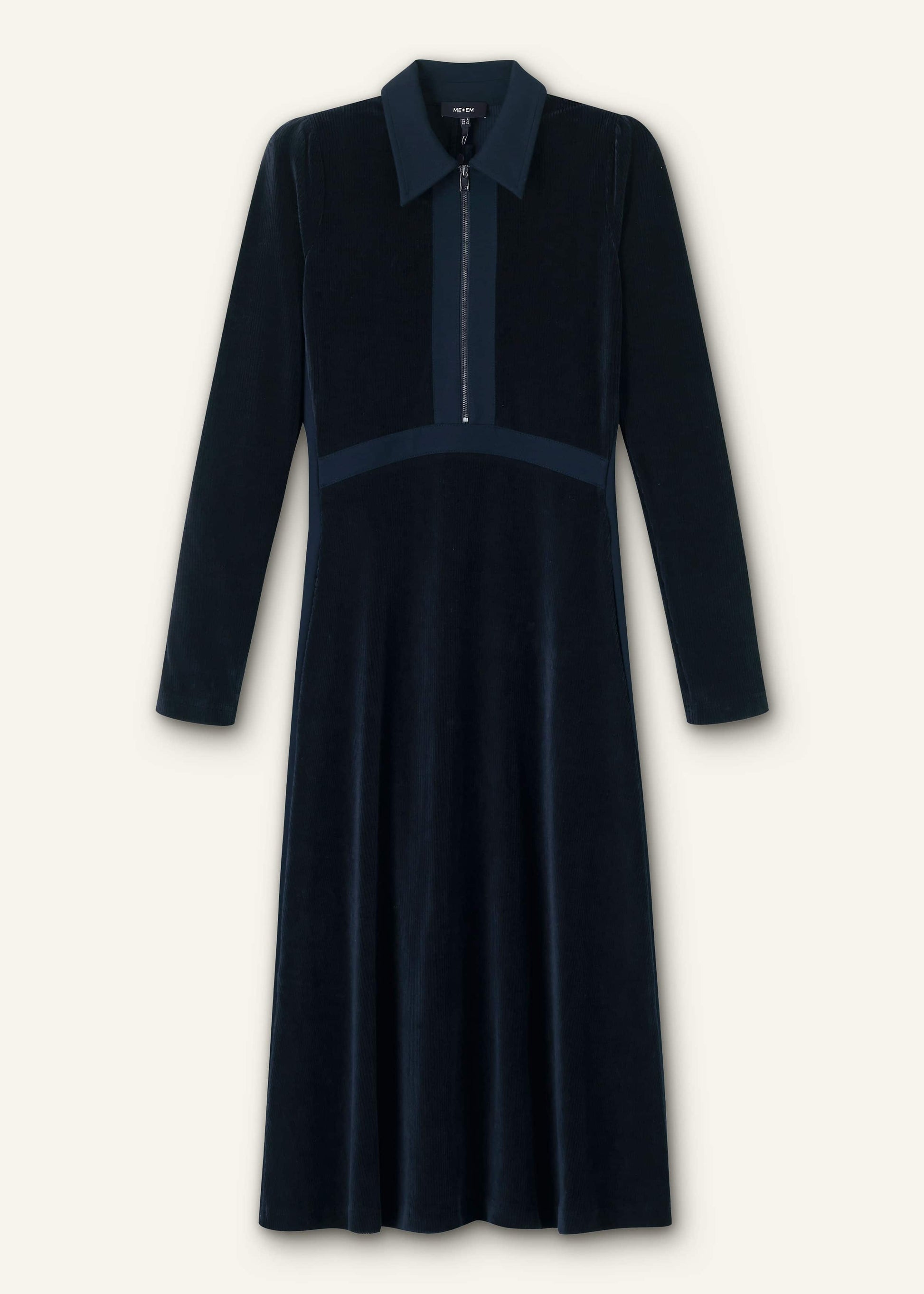 ME and EM Clothing Navy Ponte Collared Cord Velour AM-PM Midi Dress