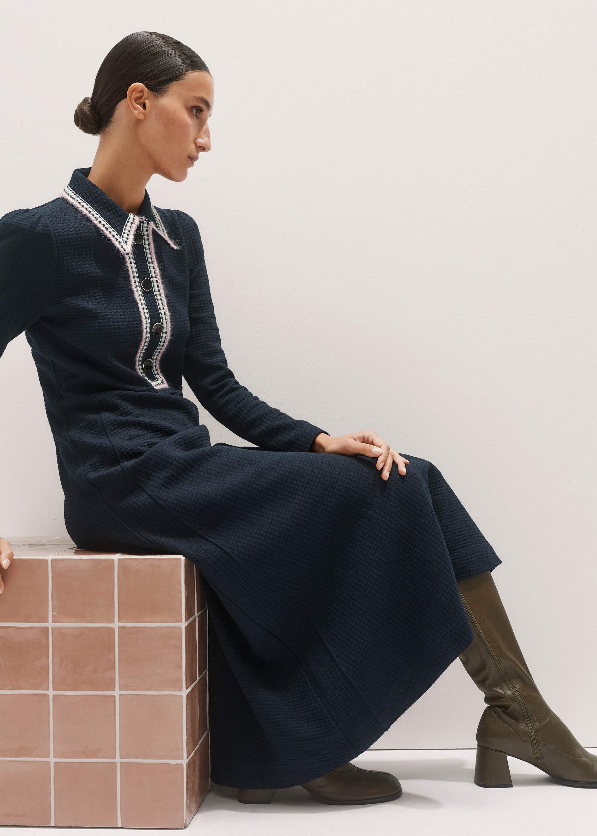 ME and EM Clothing Navy Crochet Trim Fit and Flare Midi Dress