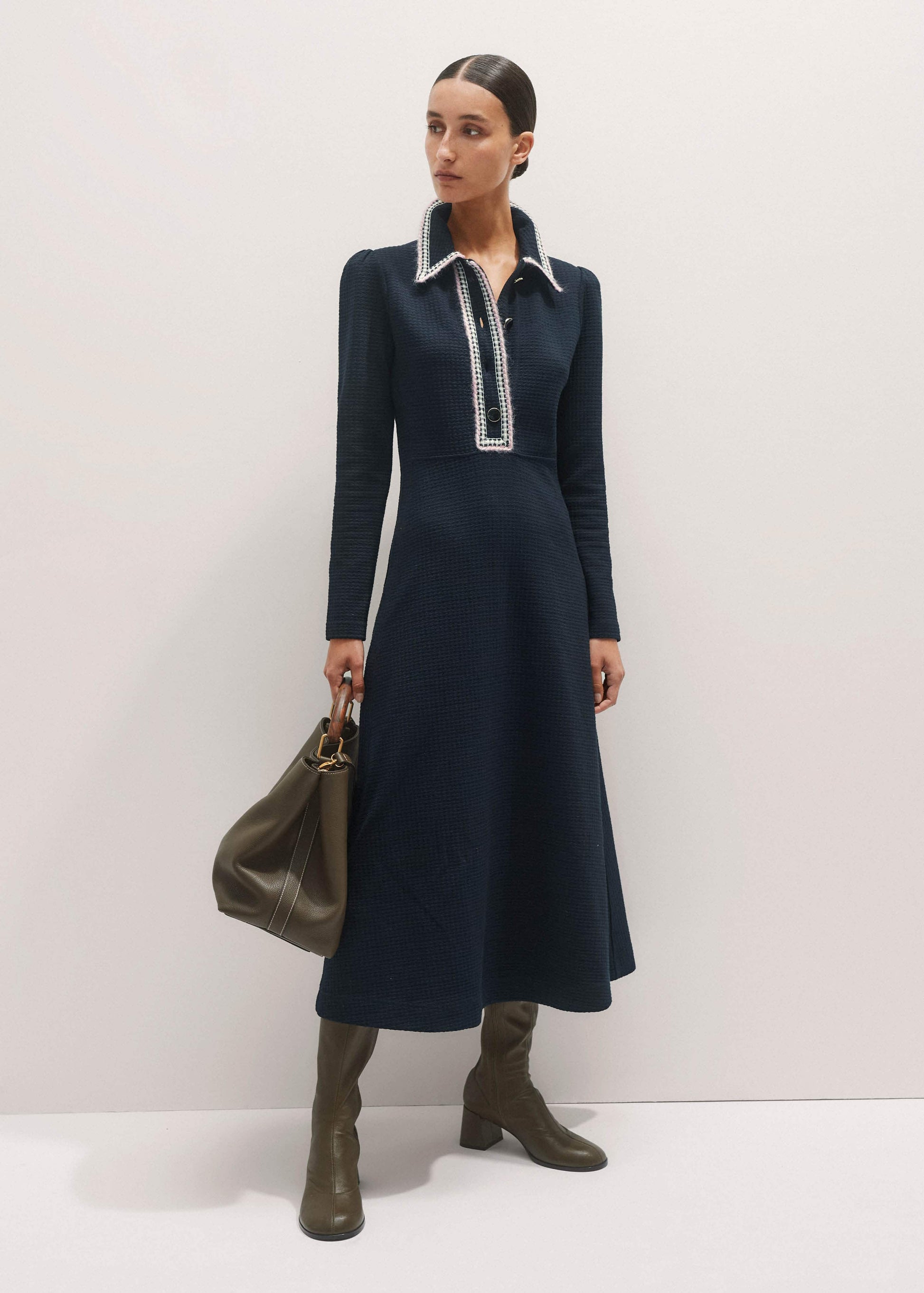 ME and EM Clothing Navy Crochet Trim Fit and Flare Midi Dress