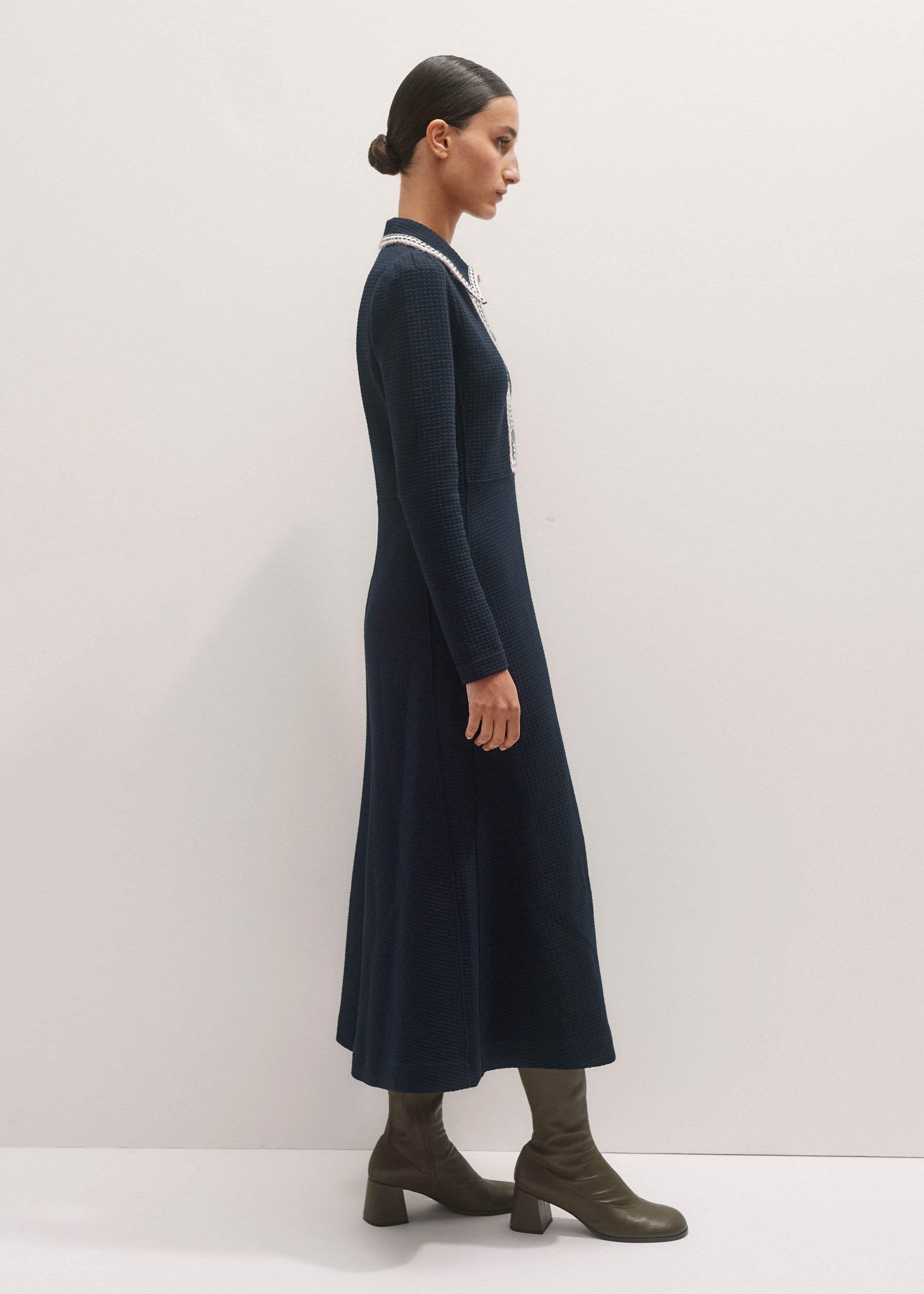 ME and EM Clothing Navy Crochet Trim Fit and Flare Midi Dress