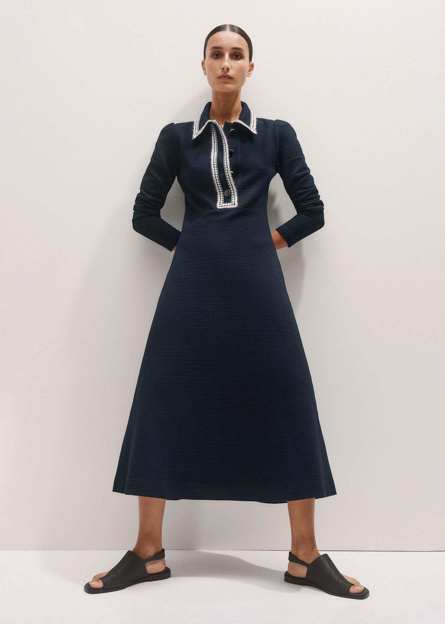 ME and EM Clothing Navy Crochet Trim Fit and Flare Midi Dress