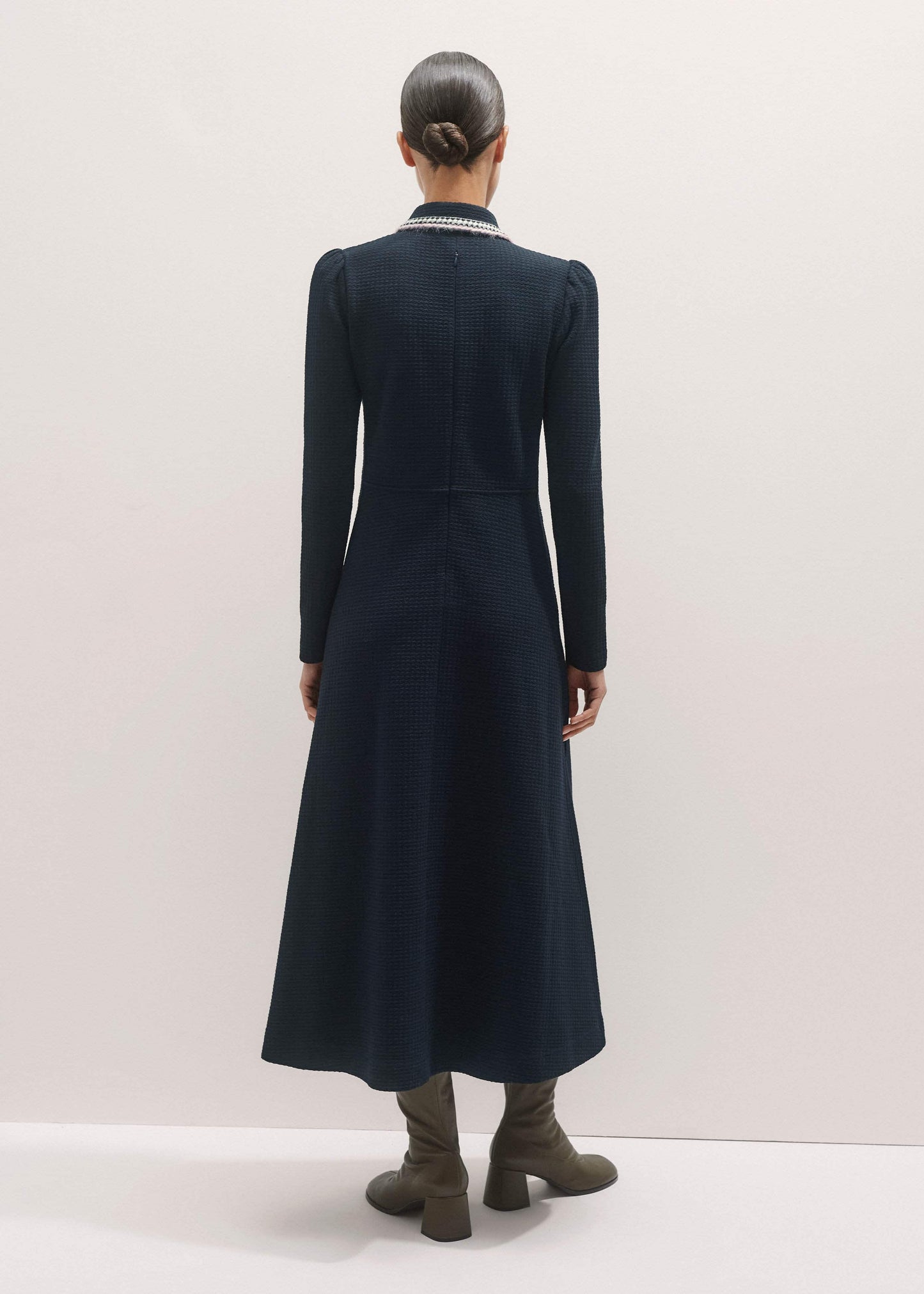 ME and EM Clothing Navy Crochet Trim Fit and Flare Midi Dress