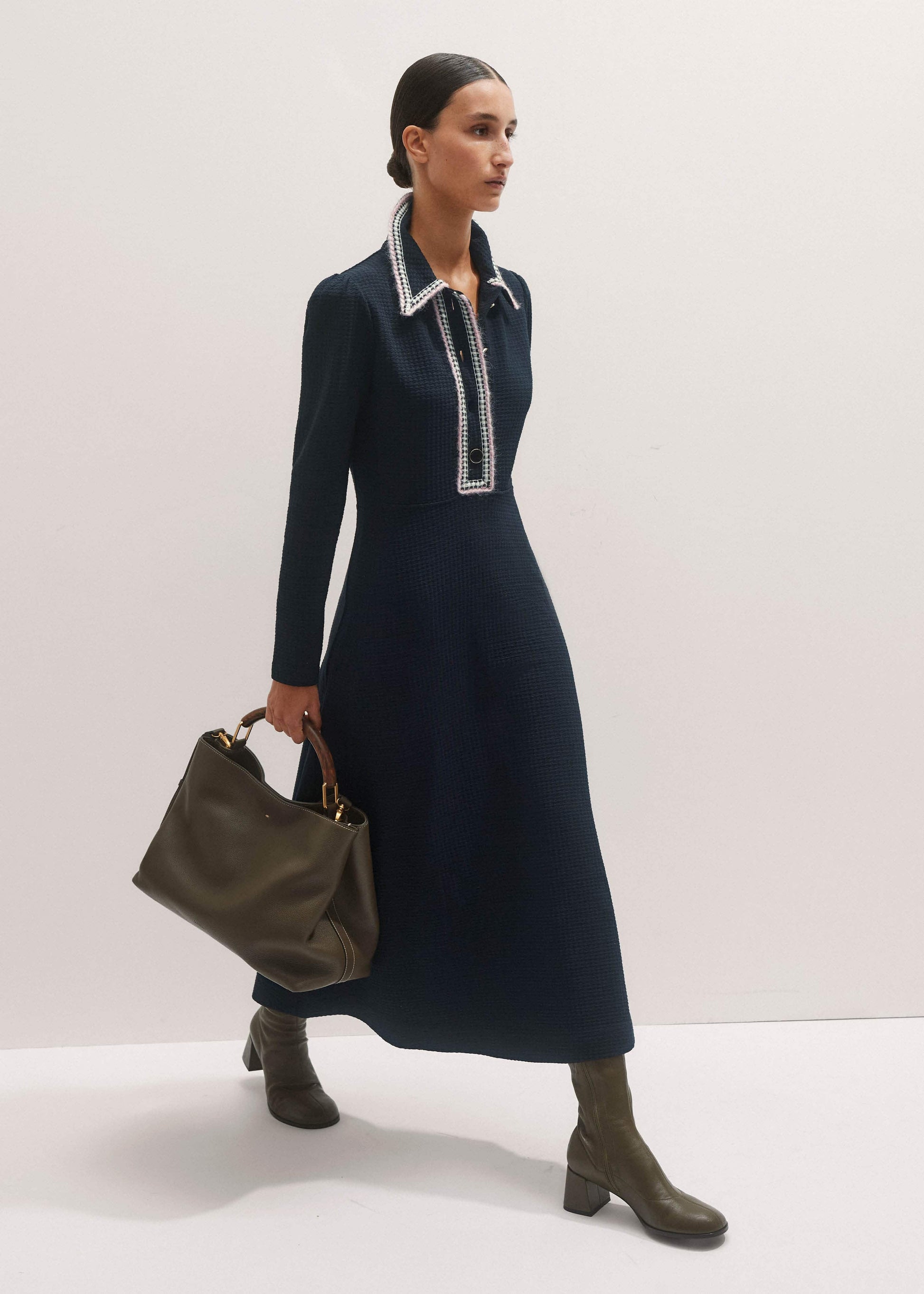 ME and EM Clothing Navy Crochet Trim Fit and Flare Midi Dress