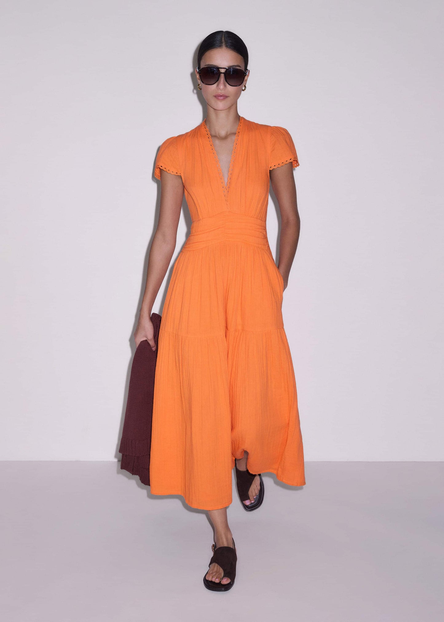 ME and EM Clothing Orange Cheesecloth Fit + Flare Maxi Dress