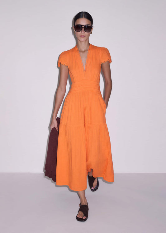 ME and EM Clothing Orange Cheesecloth Fit + Flare Maxi Dress